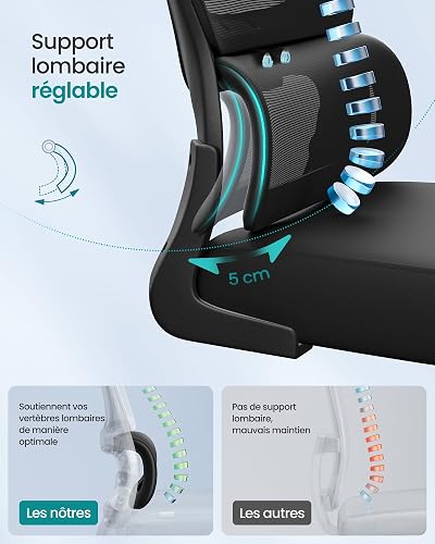 SONGMICS Chaise de Bureau, Chaise Ergonomique, avec Tissu en Maille Respirant à Double Couche, Soutien Lombaire Adaptatif, Appui-Tête Réglable, pour Bureau à Domicile, Noir d’Encre OBN041B01 - 5