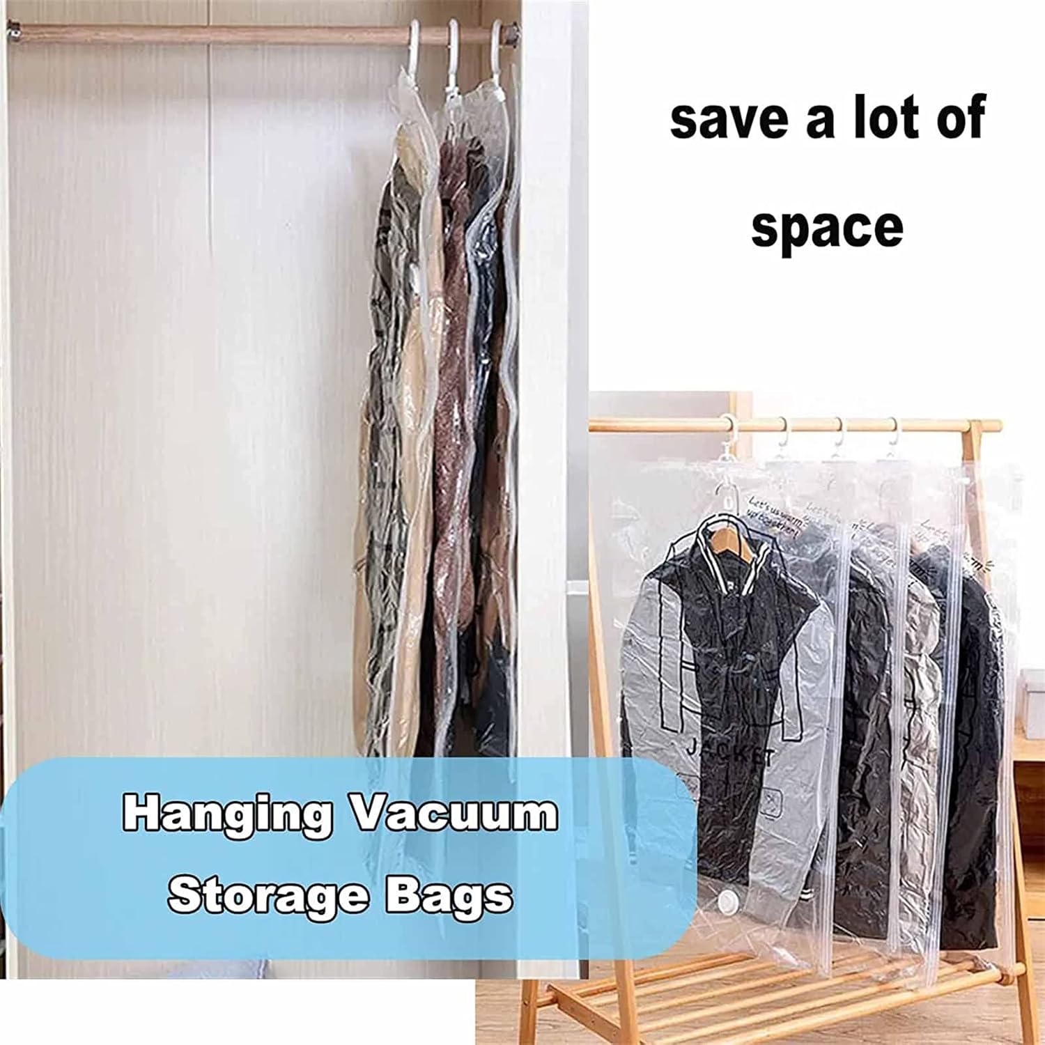 Magic Vacuum Closet Organizer with Pump, Clear Garment Bags for Hanging Clothes, Hanging Compressible Storage Bag, Plastic Garment Bags, Vacuum Storage Bags for Home Closet Organization (5pcs,Large)