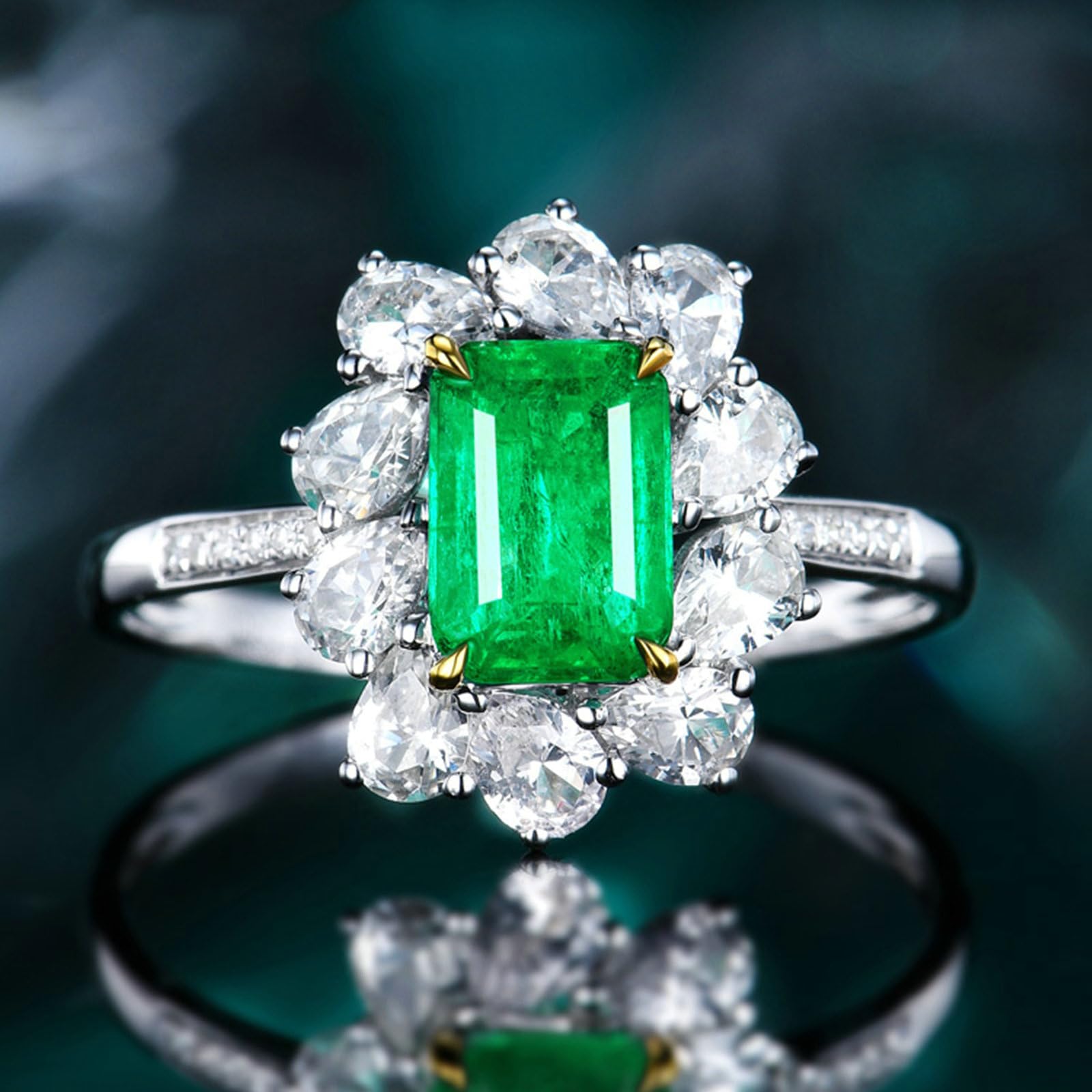 Anello di fidanzamento o matrimonio, in oro bianco 750, 585, 375, con fiore con smeraldo da 1 carato e moissanite, misura 47 (15,0-65) (20,7)