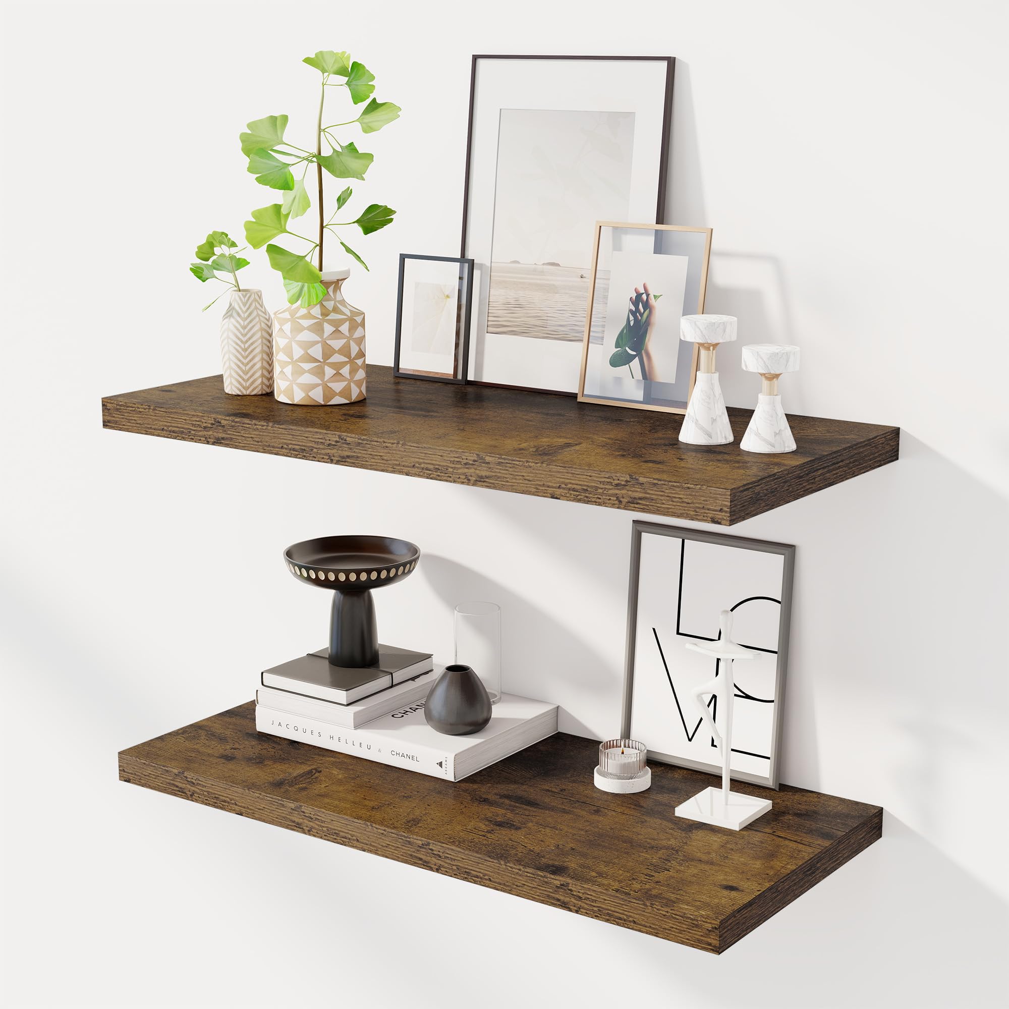 Dreamland 30" Floating Shelves for Wall, 12" Deep Slim Rustic Brown Floating Shelves, Wall-Mounted Shelves for Bedroom, Living Room, Kitchen, Bathroom - Set of 2