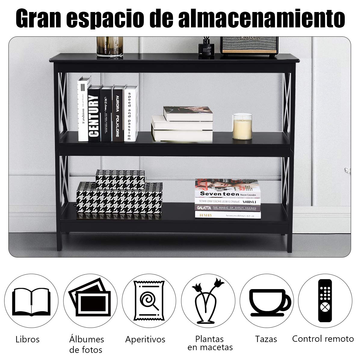 COSTWAY Mesa Consola Mesa Auxiliar de 3 Niveles Mesita con Estante Estantería 100x30x80 centímetros Mueble para Salón Pasillo (Negro)