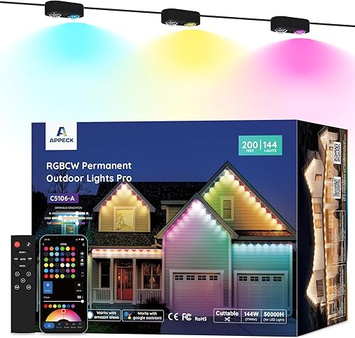 Miniatura 11 de APPECK Luces permanentes para exteriores Pro de 150 pies, 108 W RGBCW aleros con 108 luces LED, 80 lm, cortables, 111 modos de escena, iluminación
