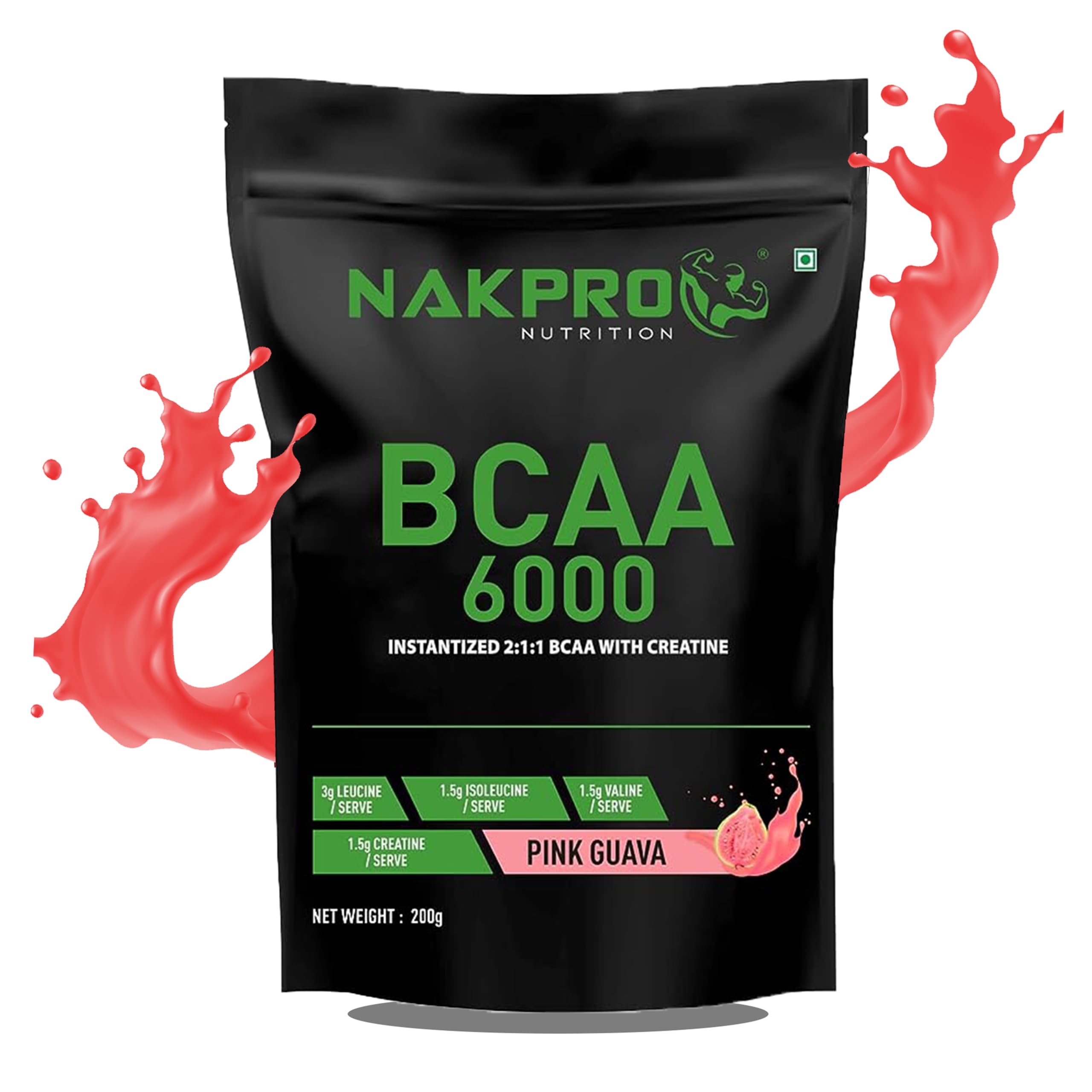 NAKPRO BCAA 6000 - Instantized 2:1:1 BCAA | 3g L-Leucine, 1.5g L-Isoleucinem, 1.5g L-Valine with Creatine helps in High Intensity Training / Workout | Post Workout Recovery Drink for Muscle Recovery and Lean Muscle Building for Men, Women & Athletes |200g Guava (20 Servings)-image-6