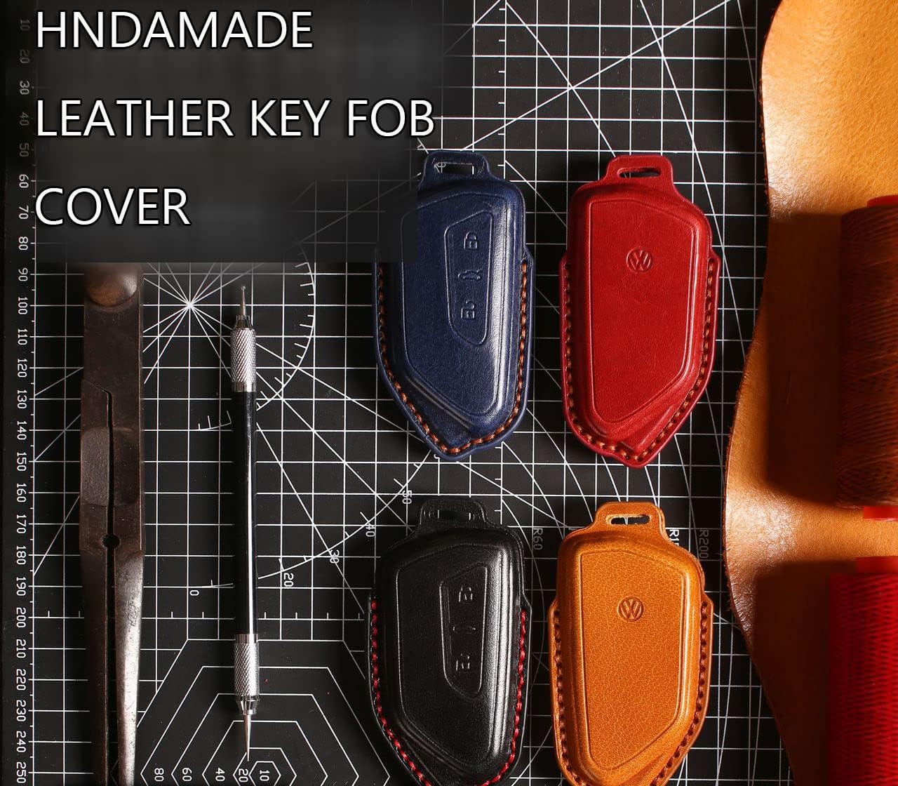 HIBEYO Smart 3 Button Leather Key Fob Case Cover Compatible with VW Golf 8 ID.4 Seat Leon MK 4 2020 2022 2021 MK8 Golf GTI Skoda Octavia Car Accessories with Keychains for Men-Black