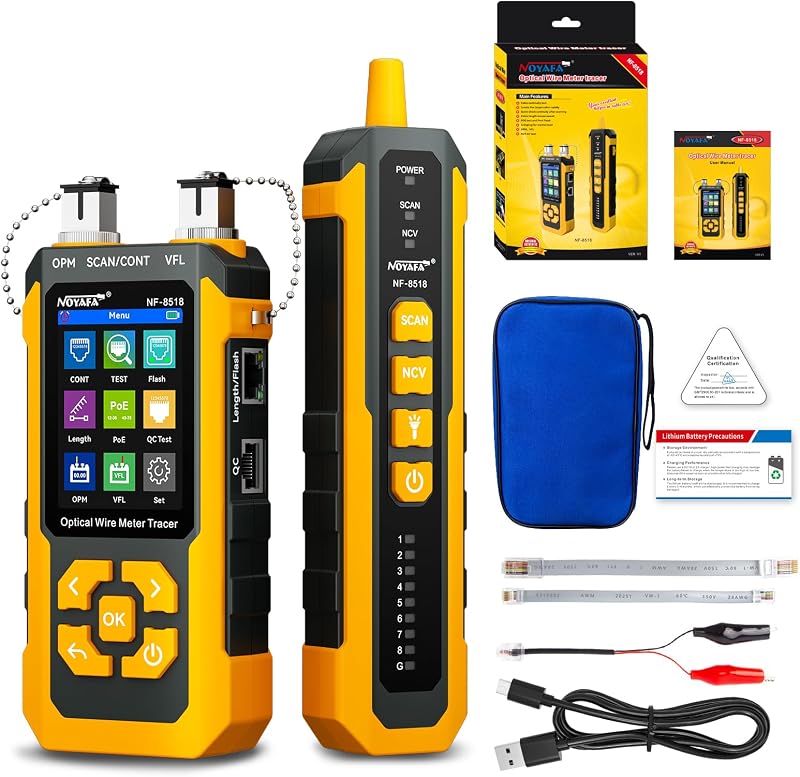 NOYAFA NF-8518 Network Cable Tester, Optical Power Meter & VFL | Ethernet Cable Tester,RJ45 CAT5 CAT6 Cable Tracker, NCV PoE QC Port Flicker, Length Testing, Fiber Optic Fault Locator