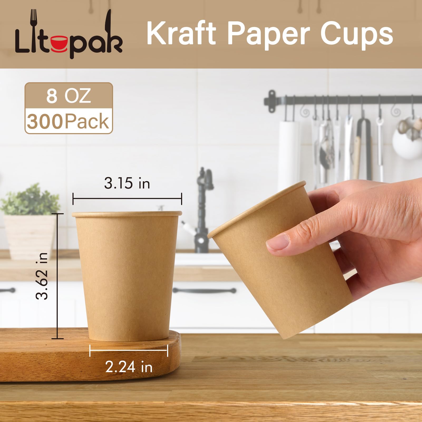 LITOPAK Lot de 300 gobelets jetables en papier kraft de 237 ml, tasses à café en papier pour boissons chaudes/froides, tasses à café chaud pour café, eau, expresso et chocolat.