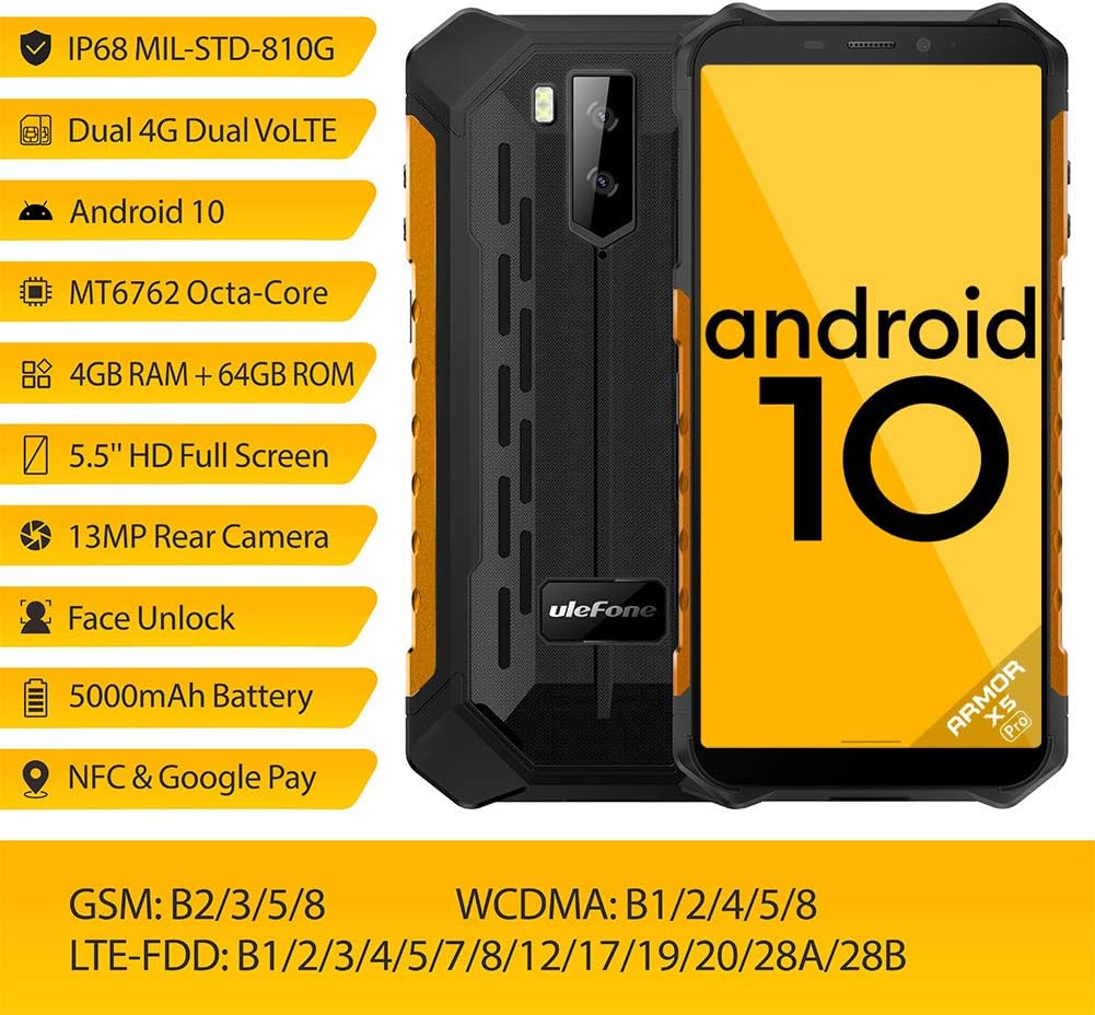 Featured Product Ulefone Armor X5 Pro Rugged Cell Phones Unlocked (2020), 5.5 inch Screen, Android 10, 4GB + 64GB, 13MP + 2MP Dual Rear Cameras, Waterproof, Military Grade Smartphone, Face ID, NFC, OTG, WiFi -Orange