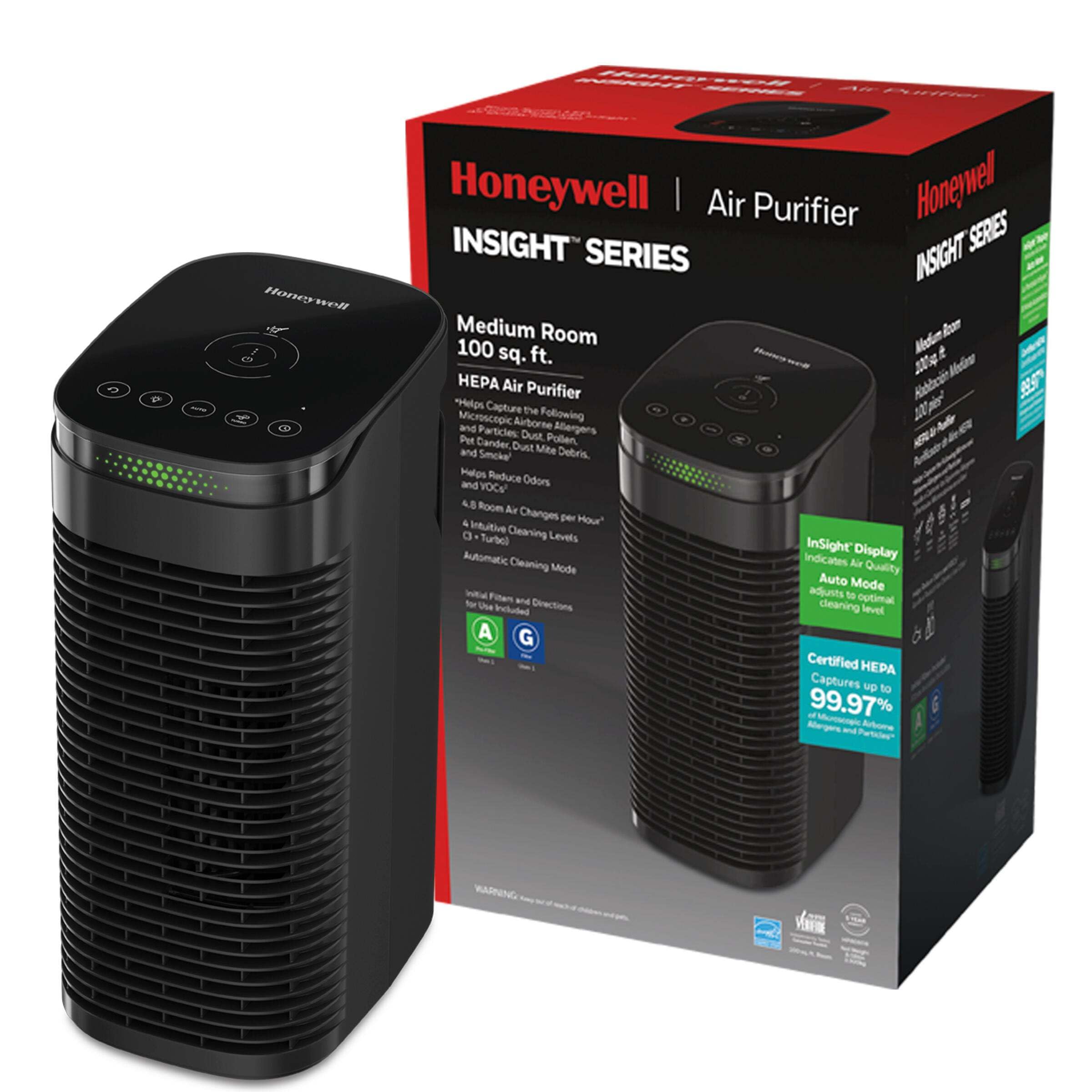 Honeywell InSight HEPA Air Purifier for Medium Rooms (100 sq ft). Allergen Reducer for Wildfire/Smoke, Pollen, Pet Dander & Dust. Air Quality Indicator and Auto Mode - Black, HPA080