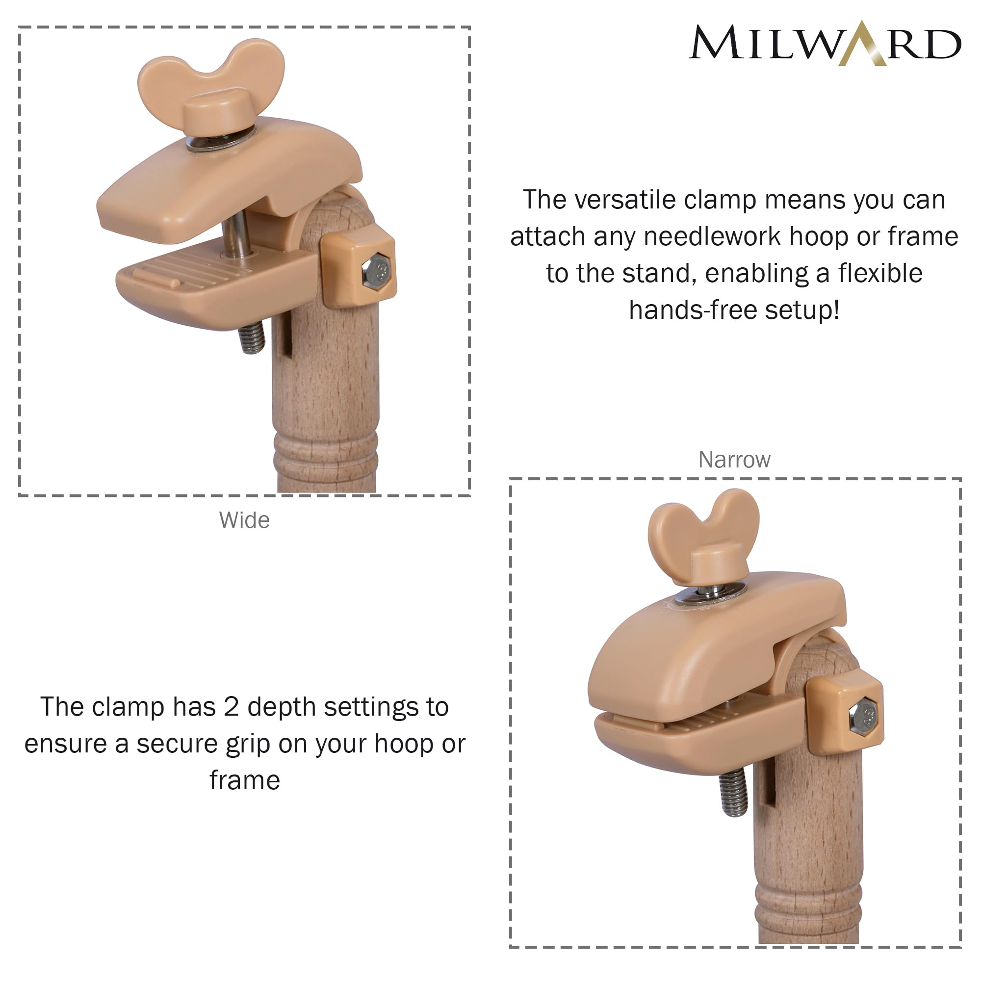 Milward Marco de asiento ajustablemanos libres, soporte para rodillas, soporte giratorio para punto de cruz, madera de haya, con abrazadera multiusos