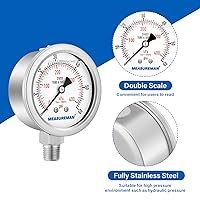 Vista 127 de MEASUREMAN - Manómetro hidráulico relleno de glicerina, totalmente de acero inoxidable, tamaño del dial de 2.5 pulgadas, montaje inferior NPT de 1/4