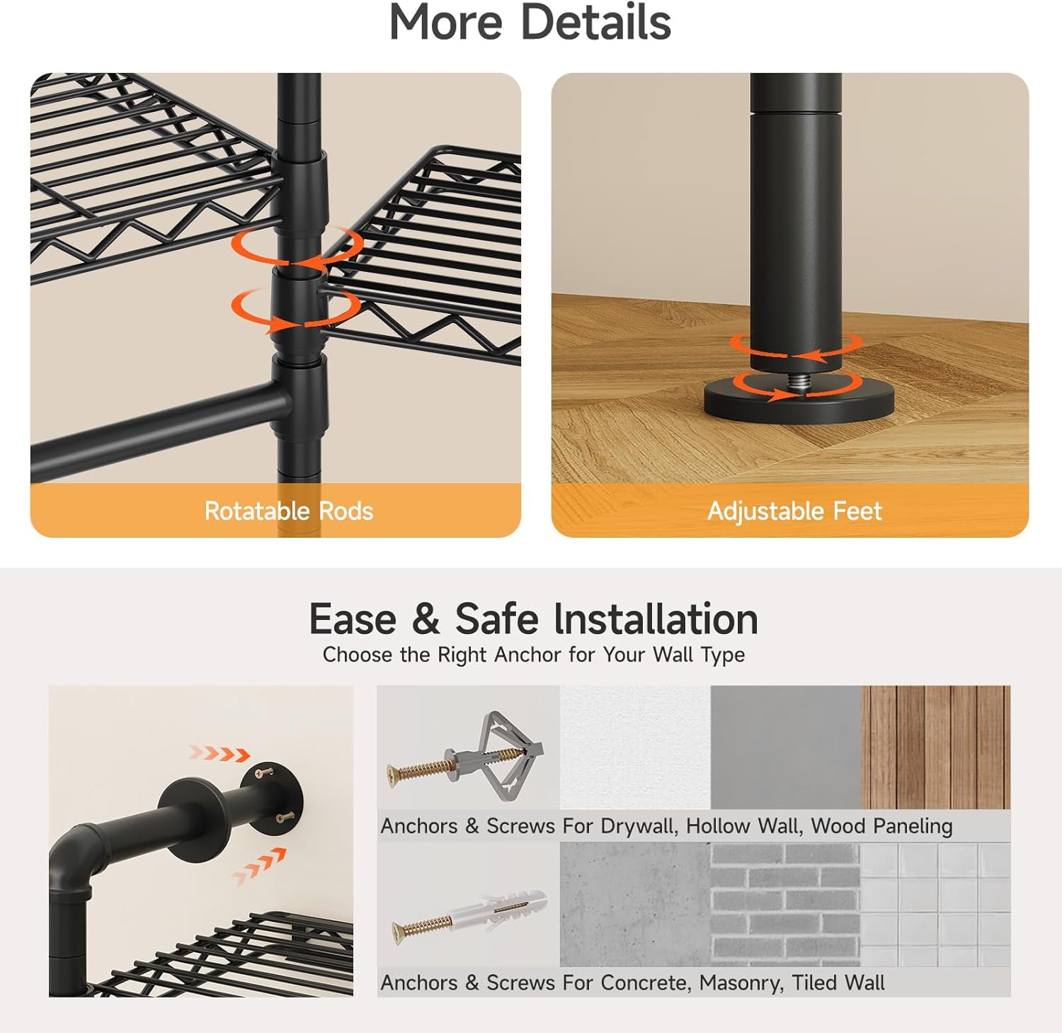 ONBRILL H3 Plus Expandable Wall Mounted Closet System, 5.7FT-8.2FT Closet Organizer with 4 Telescopic Shelves & 5 Adjustable Rods, Industrial Pipe Clothing Rack for Walk-in & Reach-in Closet (Black)