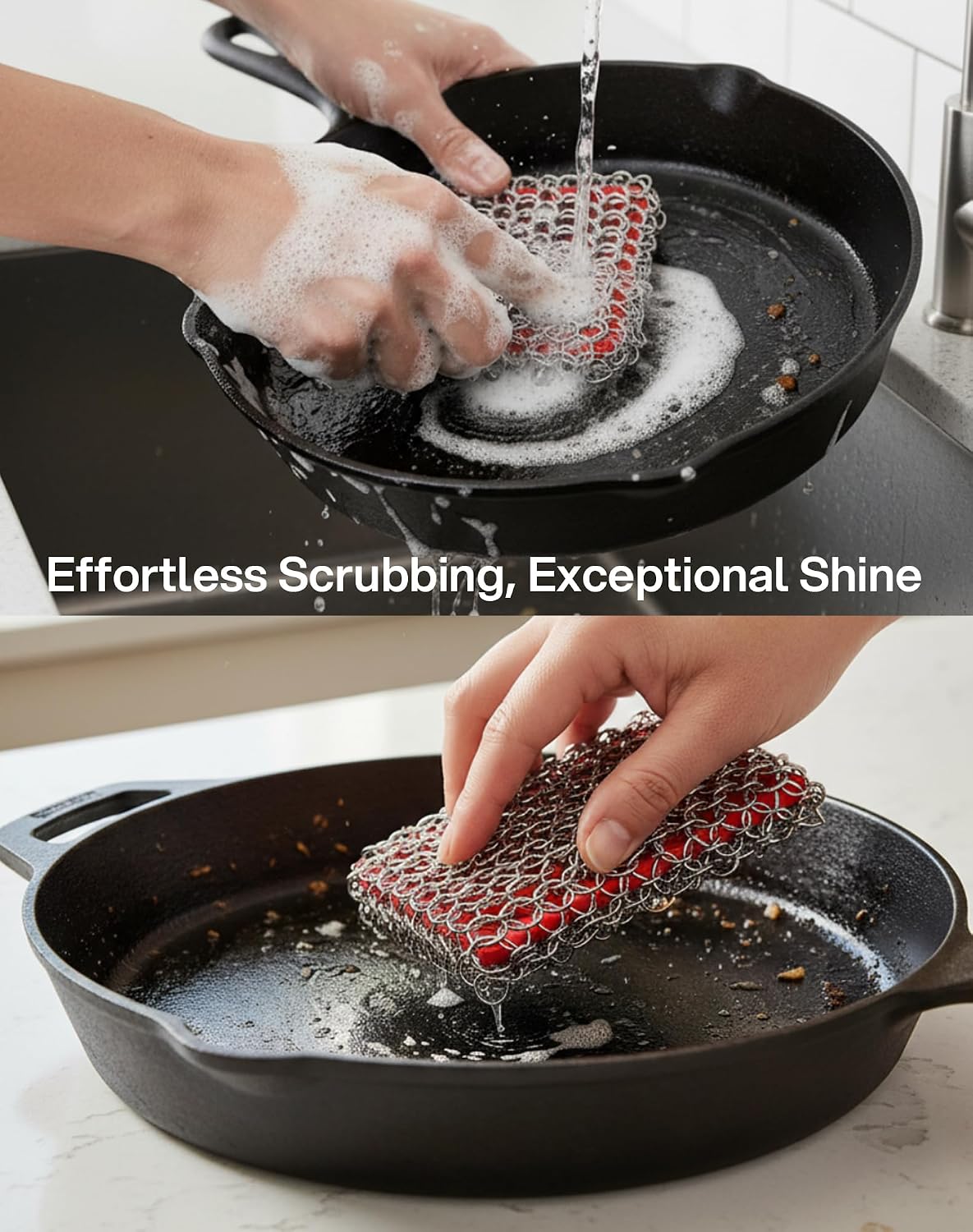 Cast Iron Scrubber, Chainmail Scrubber with Silicone Core, Stainless Steel Cast Iron Cleaner Scrubber for Cast Iron Skillet, Dutch Oven, Pan, Cookware, 1pcs image 2