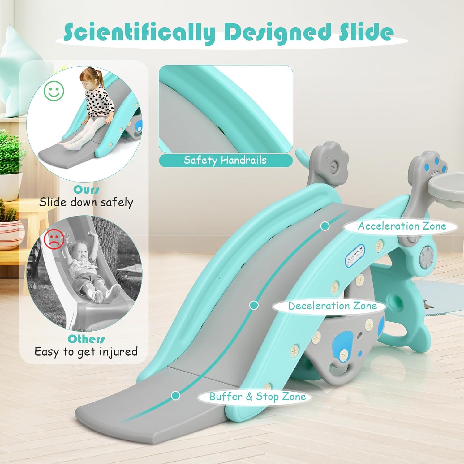 GLACER 5 in 1 Toddler Slide Rocking Toy, Rocking Horse Playset with Slide, Basketball Hoop, Ring Toss Game, Stool & Inflatable Basketball, Convertible Climber Playground for Indoors Outdoors (Green)