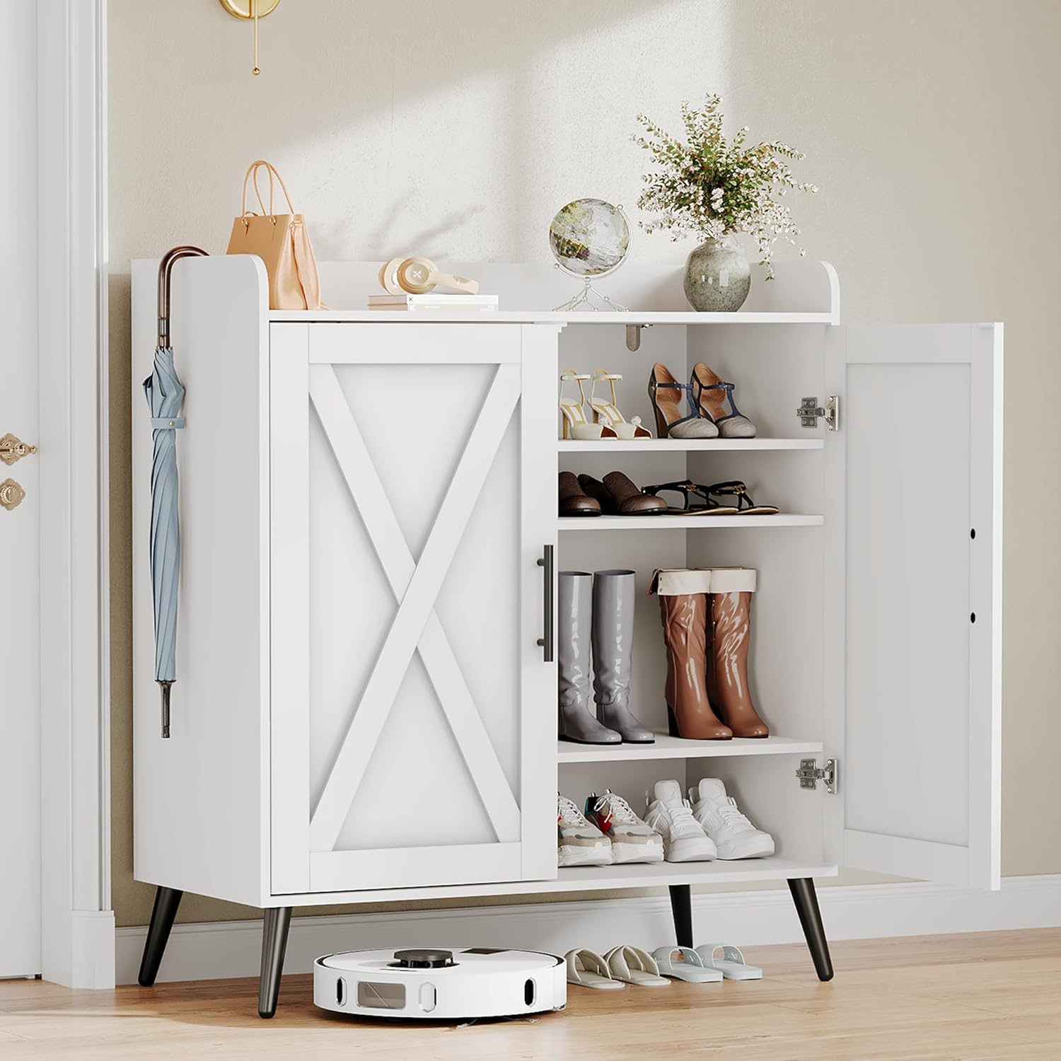 DreamDashio Shoe Cabinet with 3 Adjustable Shelves, Farmhouse 5-Tier Shoe Storage Cabinet with 2 Barn Doors & Wood Legs, Shoe Rack Organizer Cabinet with Raised Top Edge for Entryway, Hallway