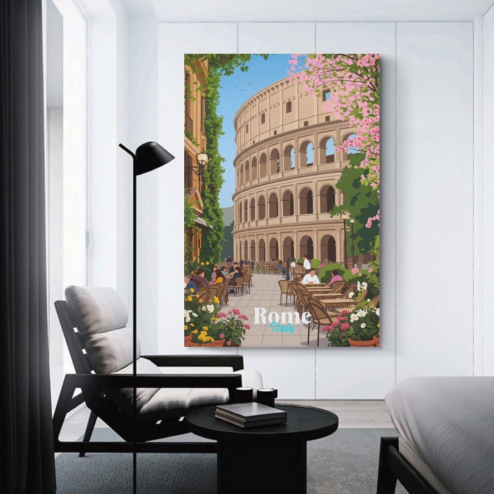 Junmoney Colosseum Cafe Scene in Rome Hanging Wall Art 12x18inch(30x45cm), for Gallery Wall Decor And Room Displays, A Versatile Canvas Print for Layering