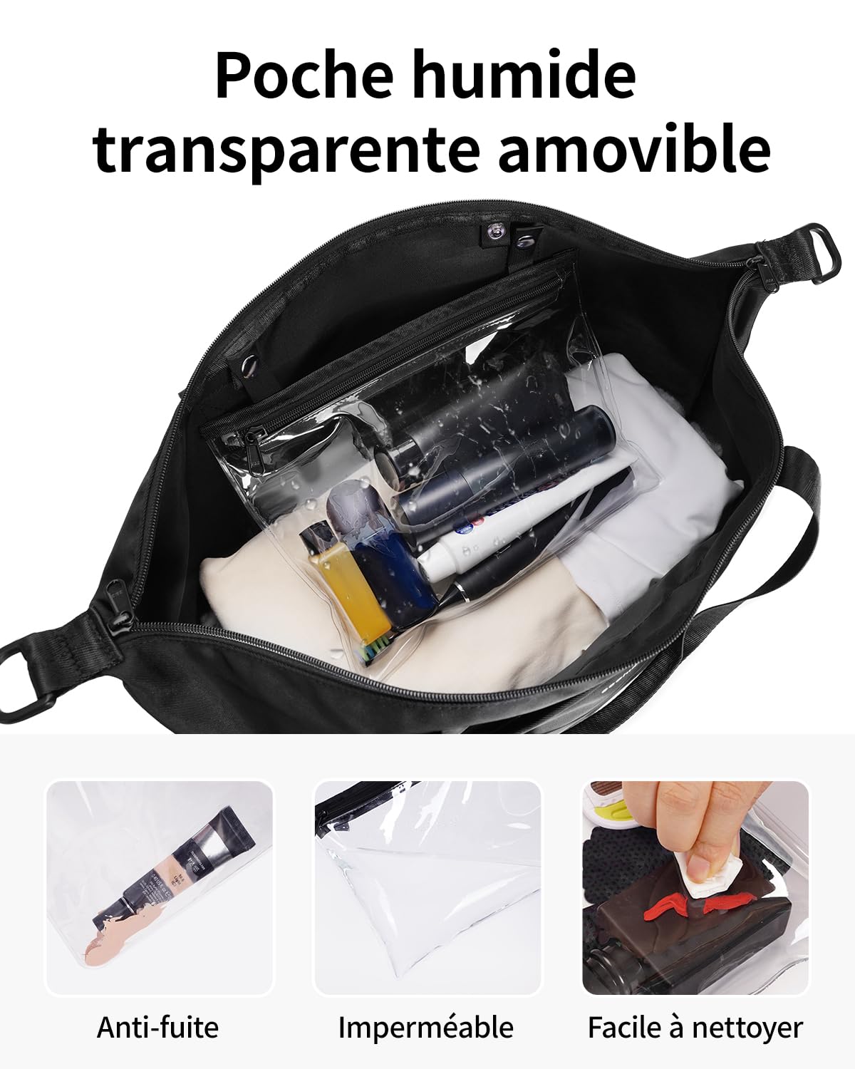 ECOHUB Extensible Sac de Voyage Femme, Bagage Cabine 40x30x20, Ryanair Sacs Cabine Avion avec Pochette Humide Amovible, Sac Weekend Maternité, Pet Recyclé Petit Bagage à Main, Noir, 20L-28L