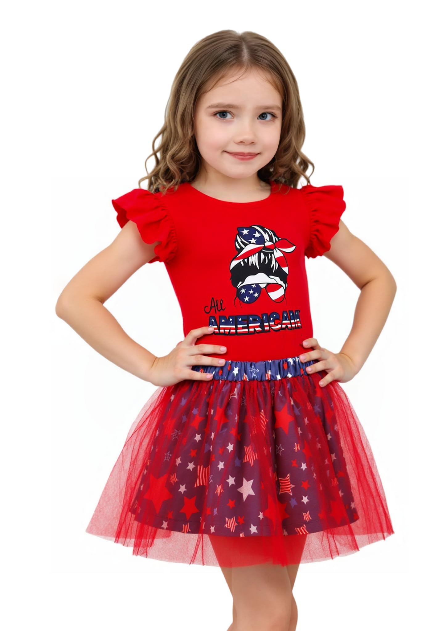 RETSUGO Conjunto de falda tutú de tul para niñas pequeñas del 4 de julio, vestido con estampado de corazón y bandera estadounidense, 2-8 años
