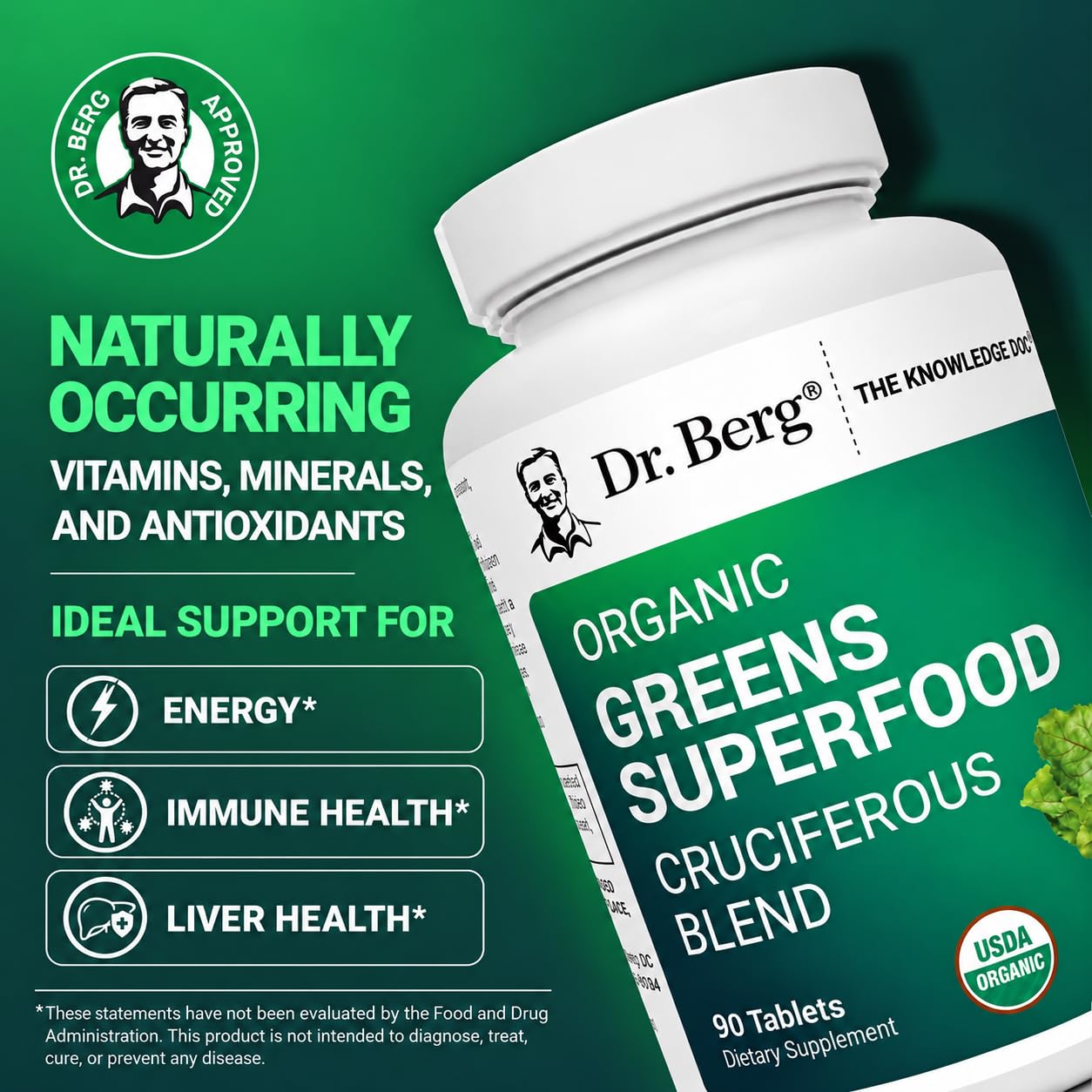 Dr. Berg's Greens Superfood Cruciferous Vegetable Tablets - Vegetable Supplements for Adults w/ 11 Phytonutrient Super Greens - Energy, Immune System & Liver Veggie Tablets - 90 Tablet — Amazon image 2