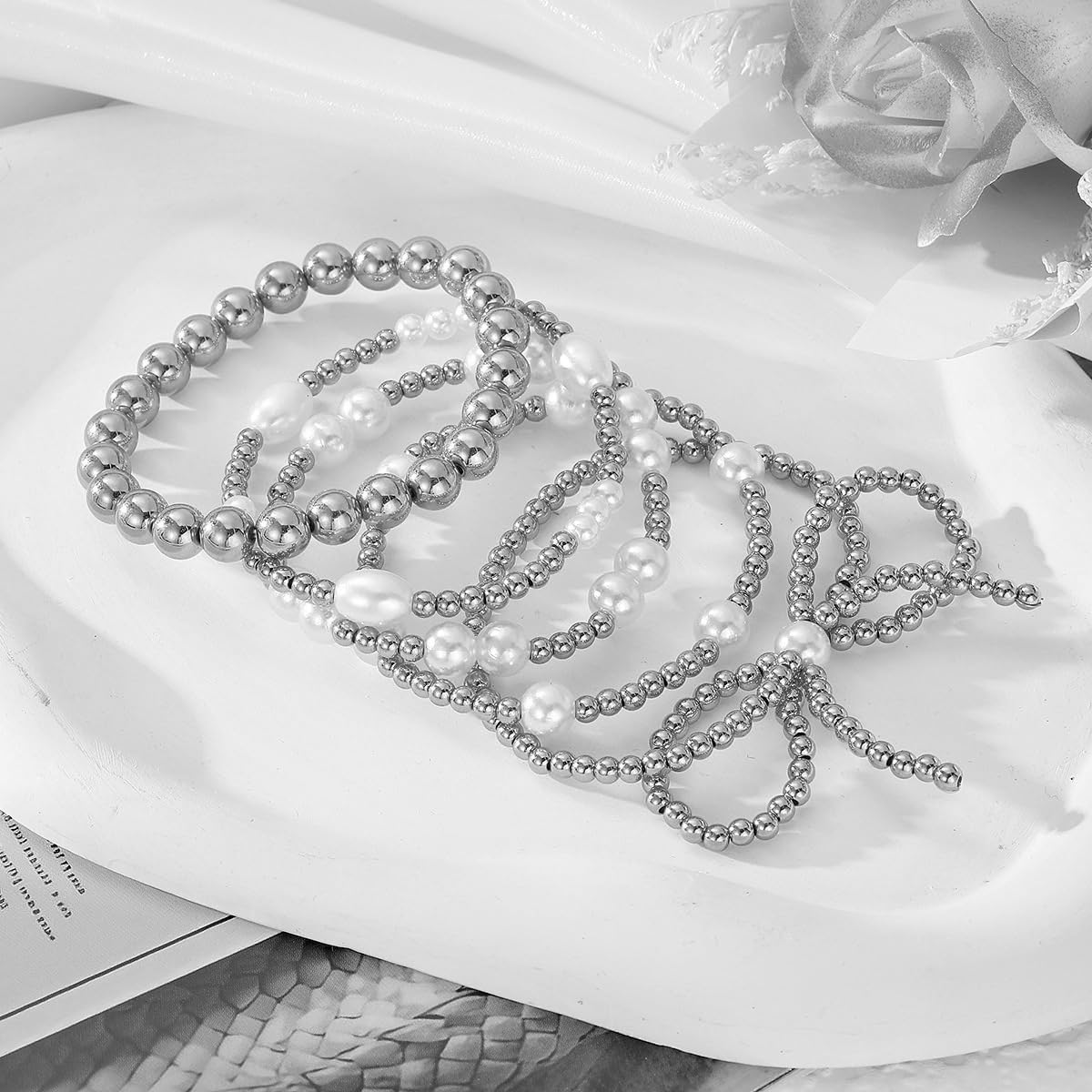 Gold Bow Beaded Bracelet Set for Women Stackable Bow Pearl Bracelets Fashion Stretch Bracelet Adjustable Charm Bracelets Stackable Beaded Chain Set for Her - Image 3