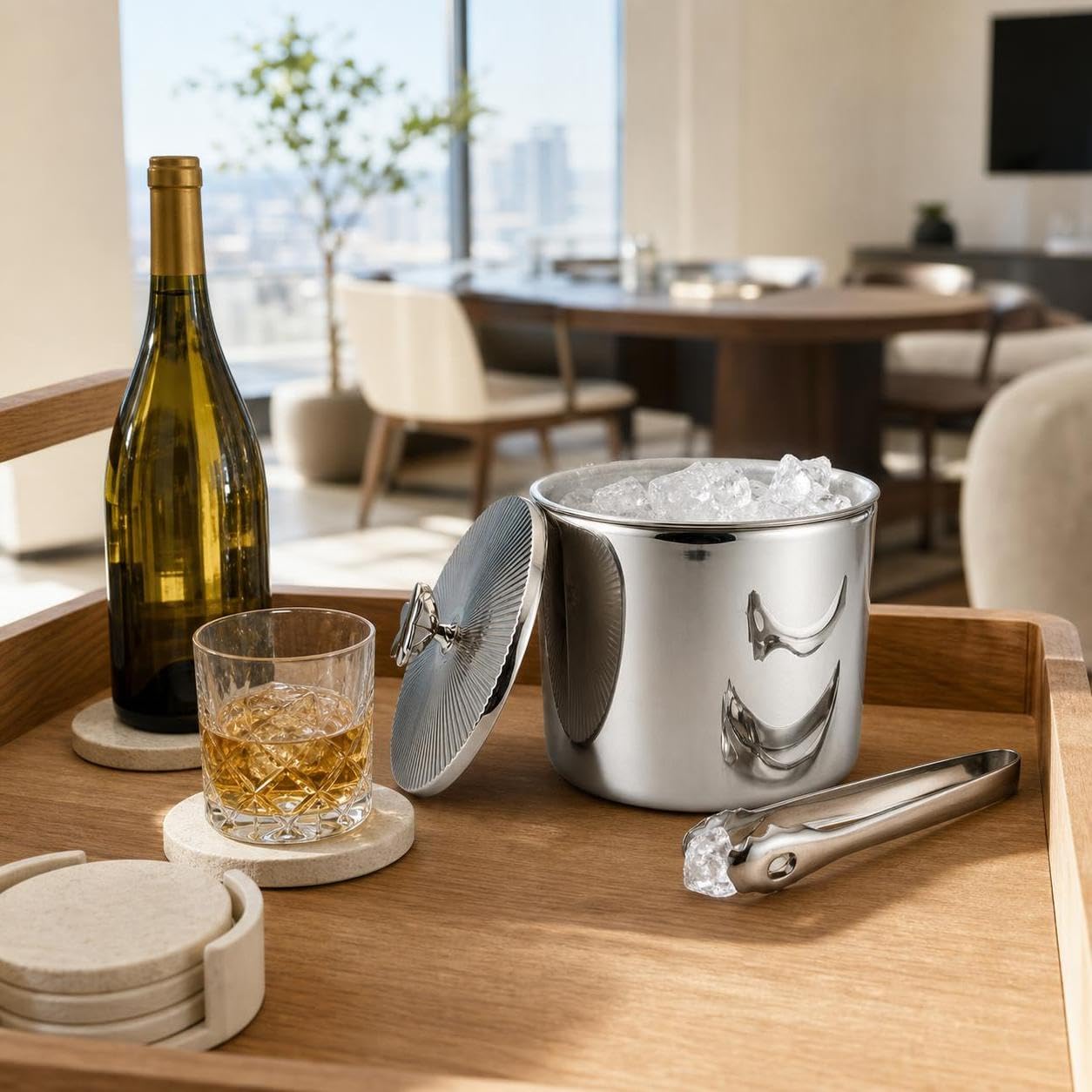 Homyl Hielera Inoxidable 304 con Tapa, Aislamiento Doble Pared, para Restaurantes, Estilo nórdico, Cubo de Hielo de Doble Capa con Tapa y Pinzas