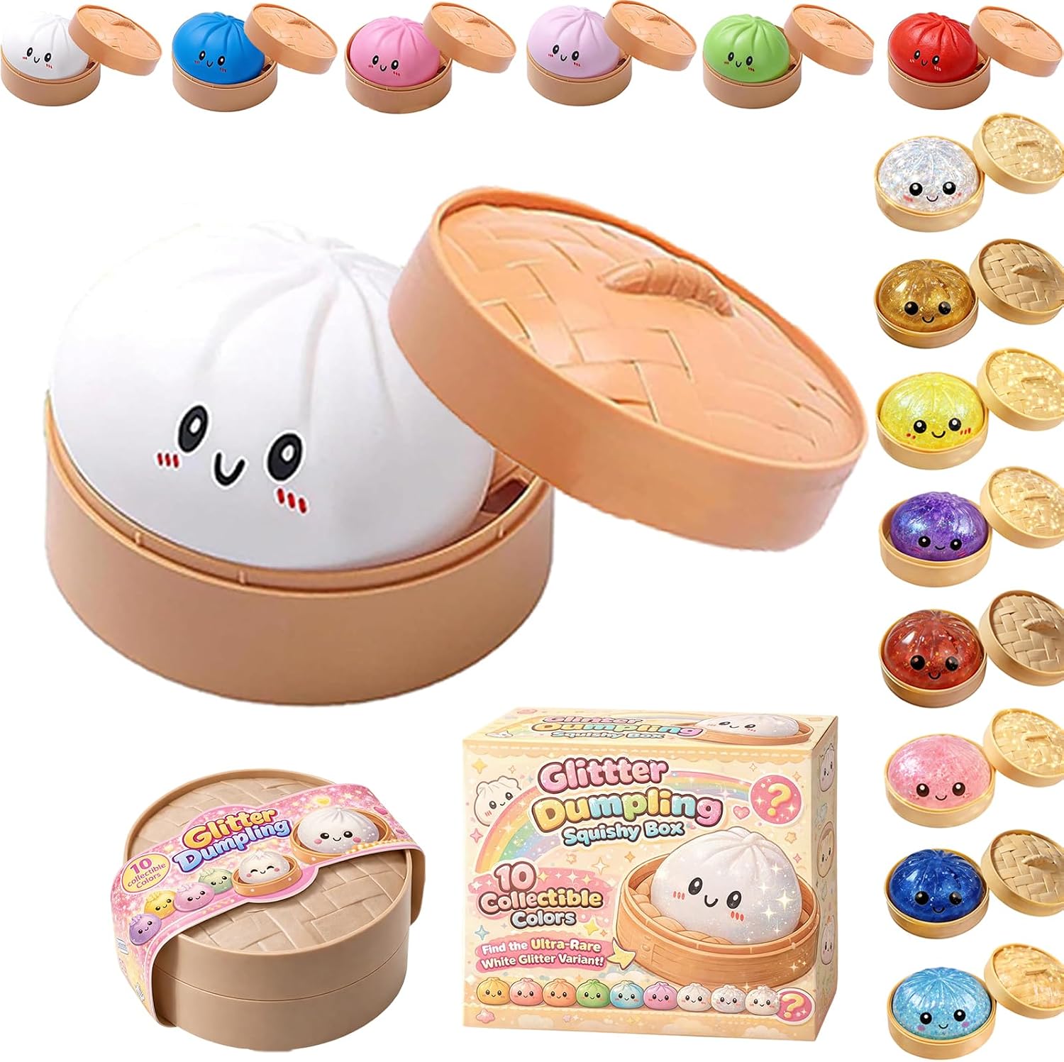 Dumpling Squishy Blind Box - Glitter Dumpling Squishies 2026 Colourful Dumplings Stress Fidget Squishy Toys with Steamer for Children Adults Students Home Office Classroom Pure White