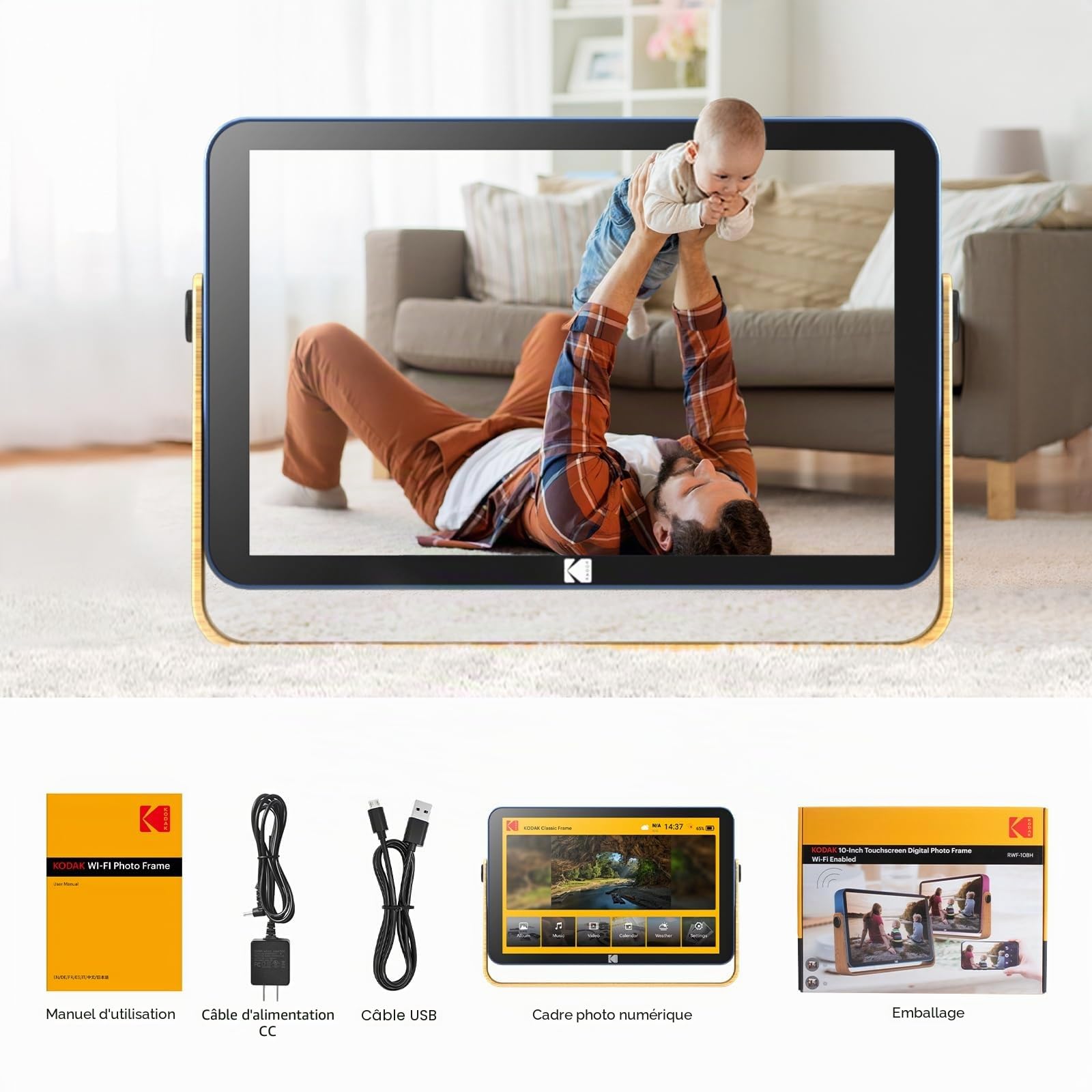 KODAK Cadre Photo Numérique, Cadre Numérique Photo WiFi 10 Pouces, Batterie Intégrée de 4000mAh, Mémoire de 32 Go, Écran Tactile IPS HD, Partage de Photos, Musique et Vidéos Via Une App/E-Mail/USB