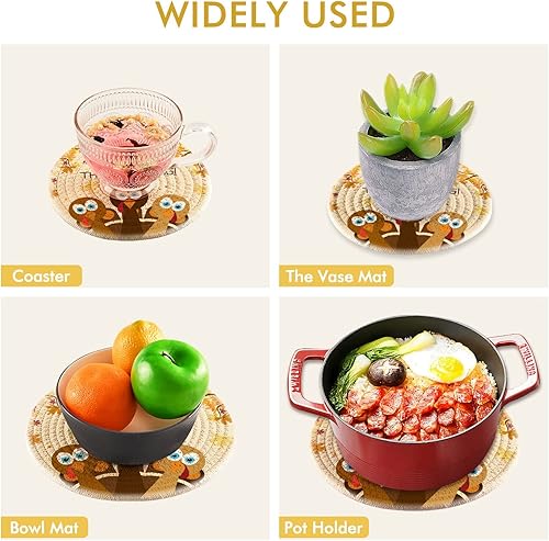 Miniatura 5 de Juego de 2 soportes para ollas de cocina de Acción de Gracias, diseño de dibujos animados, diseño de pavo, 100% algodón, tejido de hilo redondo,