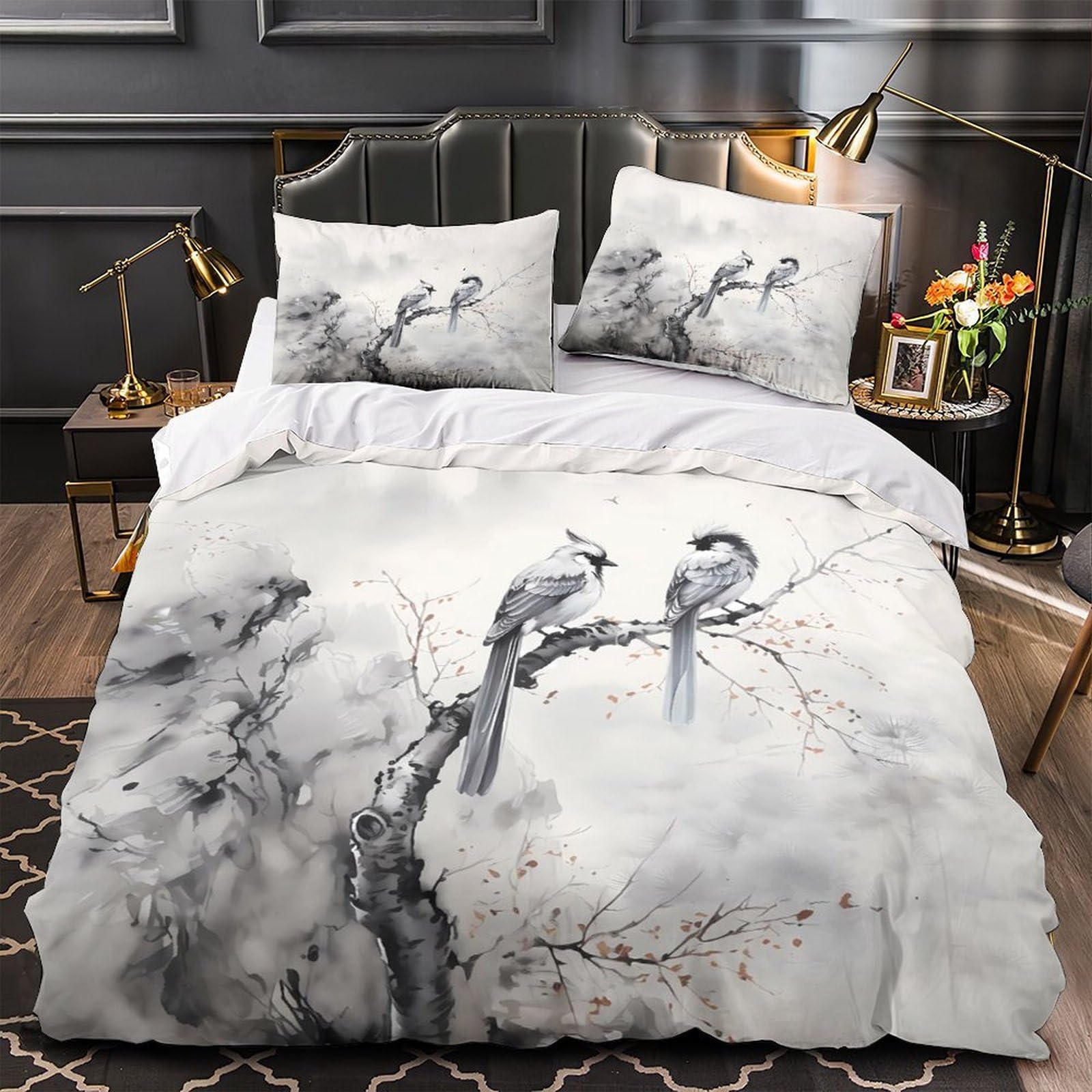 Housse de couette microfibre résistante pour lit double 200x200cm motif oiseaux anti-plis