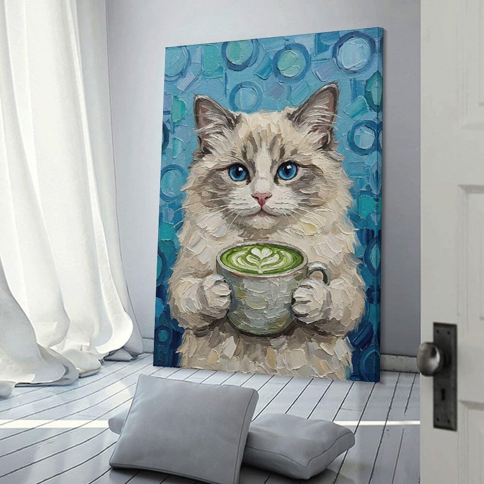 Junmoney Home Decor Wall Art Cat with Matcha Latte Painting, 12x18inch(30x45cm), for New Homes, Bedrooms Or Workspaces, Home Decor Gift with Stylish Appeal