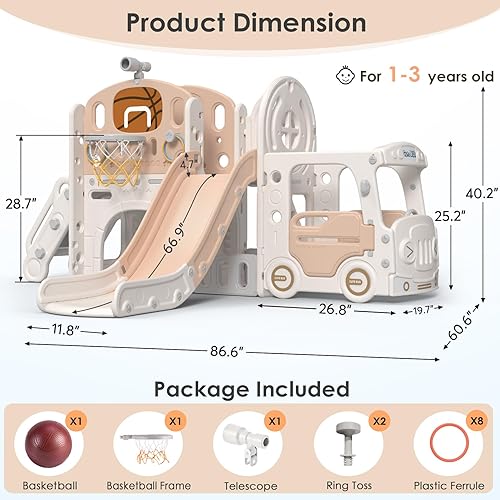 Miniatura 7 de BIERUM Juego de toboganes 10 en 1 para niños pequeños de 1 a 3 años con lanzamiento de anillo, aro de baloncesto y casa de juegos de autobús, juego