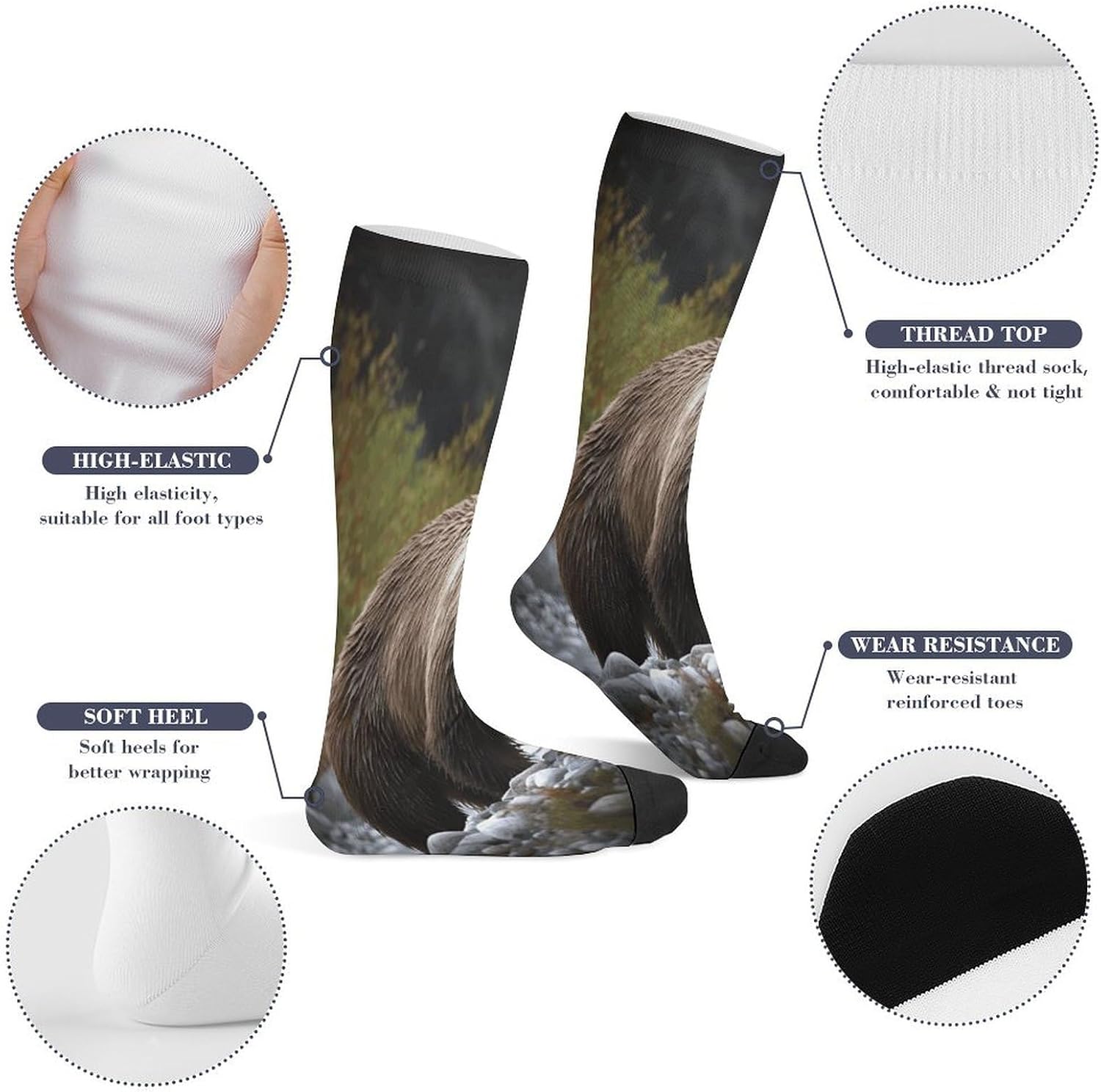 Brown Bear Socks Casual Athletic Long Sock Lightweight Sport Crew Sock Cozy Work Boot Socks for Hiking Sports Running Workout Gym
