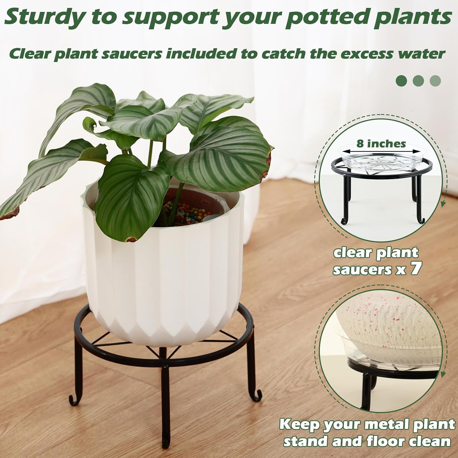 6-pack 9" Large Metal Plant Stands Indoor Outdoor Rustproof Iron Potted Plant Holder Heavy-duty Round Flower Pot Riser Shelf for Garden Patio Corner Stand with Clear Water Tray
