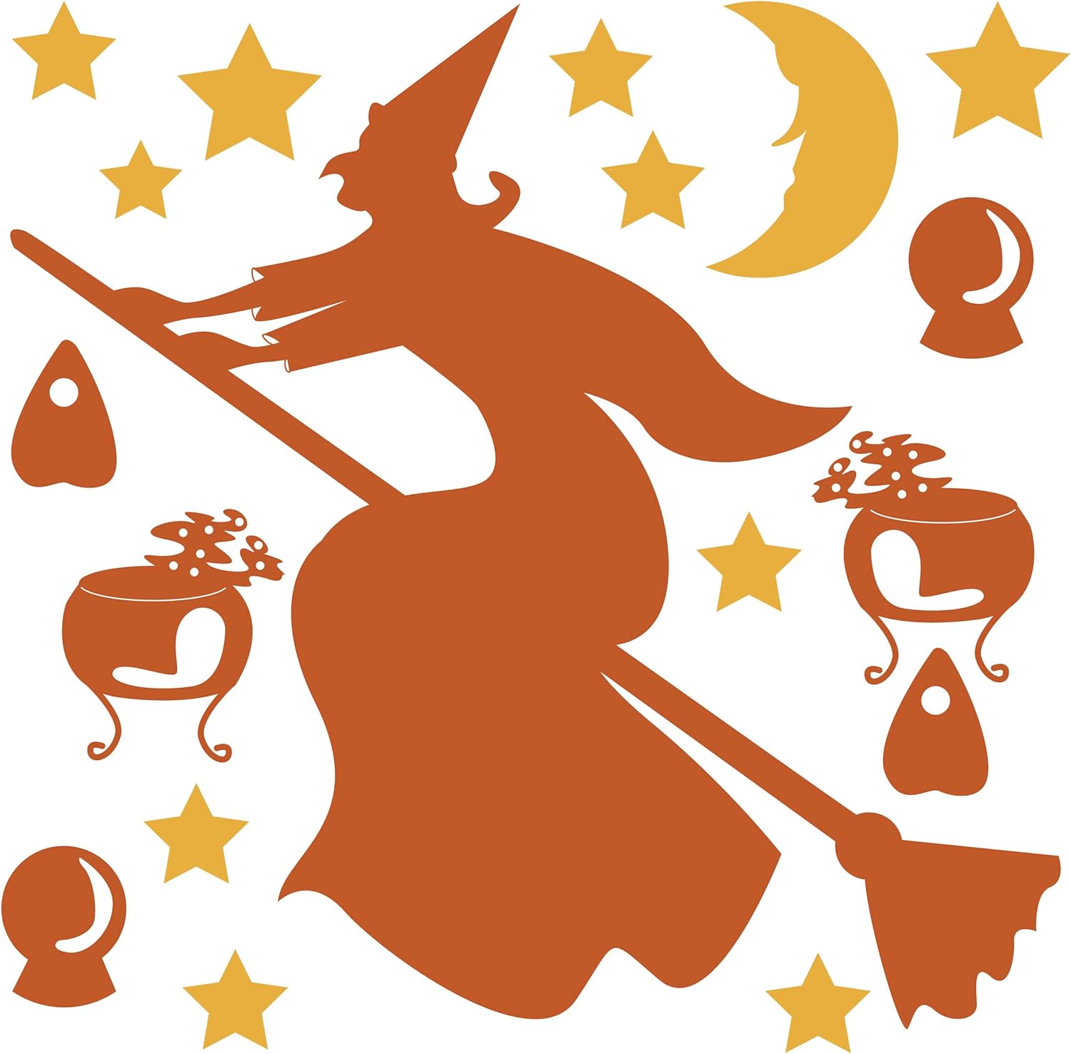 Witch on Broomstick in Night Sky for Halloween Window Shop Forefront Sticker - Happy Halloween Shop Window Sticker with Mysterious Witch and Halloween Attributes 22x22 in inches