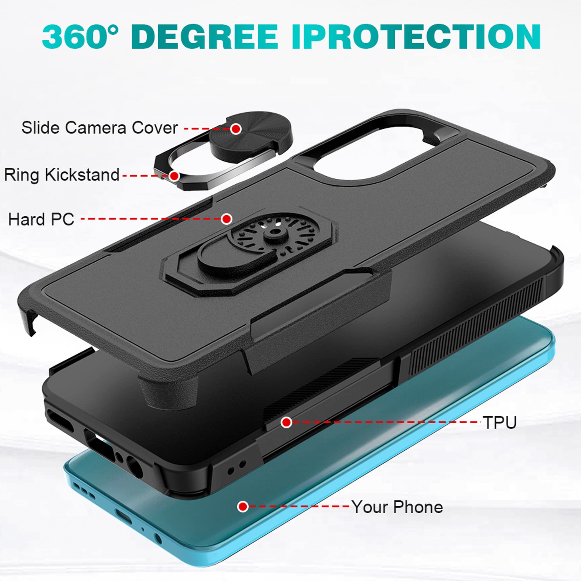 Custodia Hi-Case Per Motorola Moto G82/G52 - Copertura Scorrevole Per Fotocamera, Anello Portadito, Supporto Magnetico, Rossa