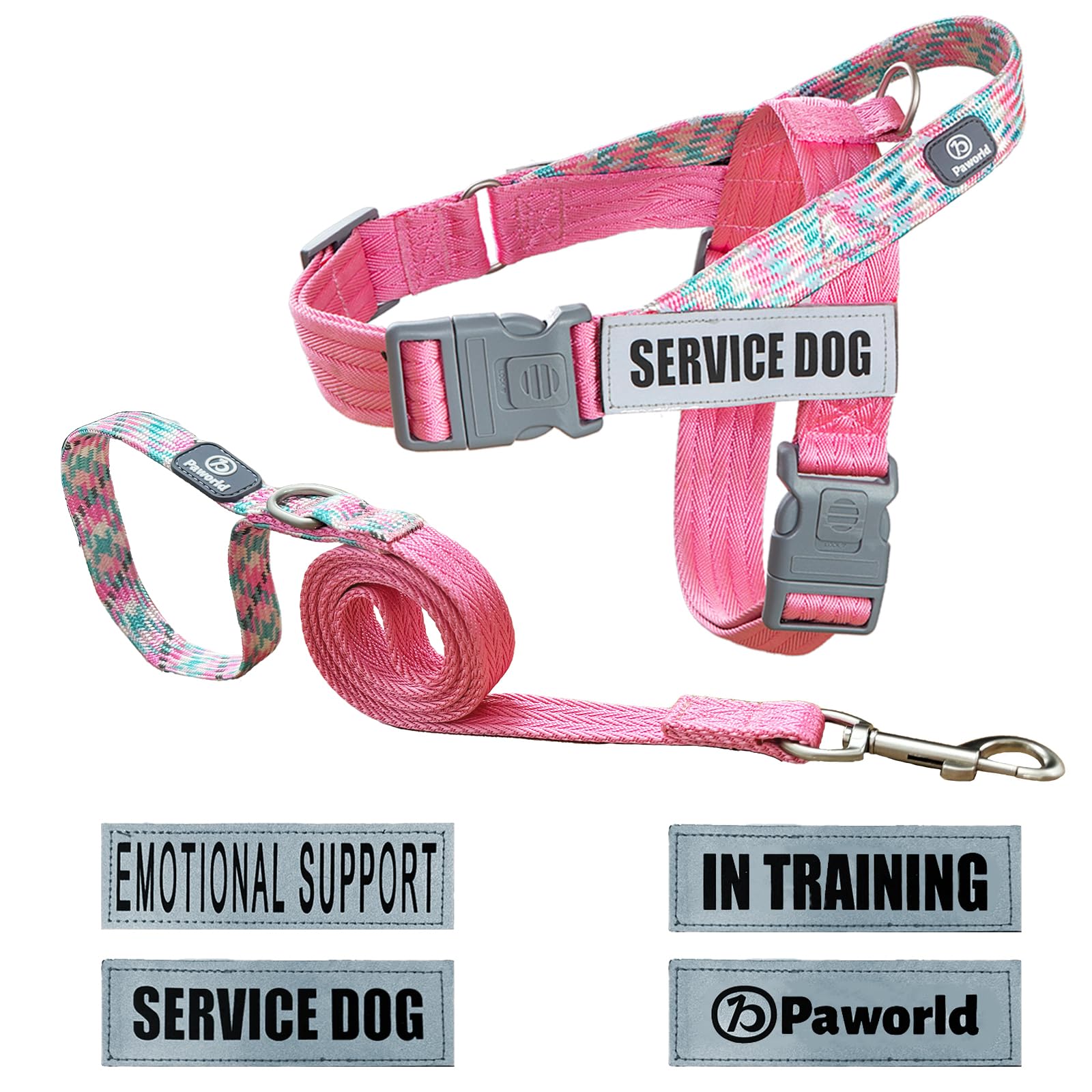 PAWORLD Service Dog Harness and Leash Set, No-Pull Service Dog Vest with 4 PCS Reflective Patches, Dog Vest Harness with Handle, Pet Harness for Small Medium Large Dogs in Training (Pink, S)
