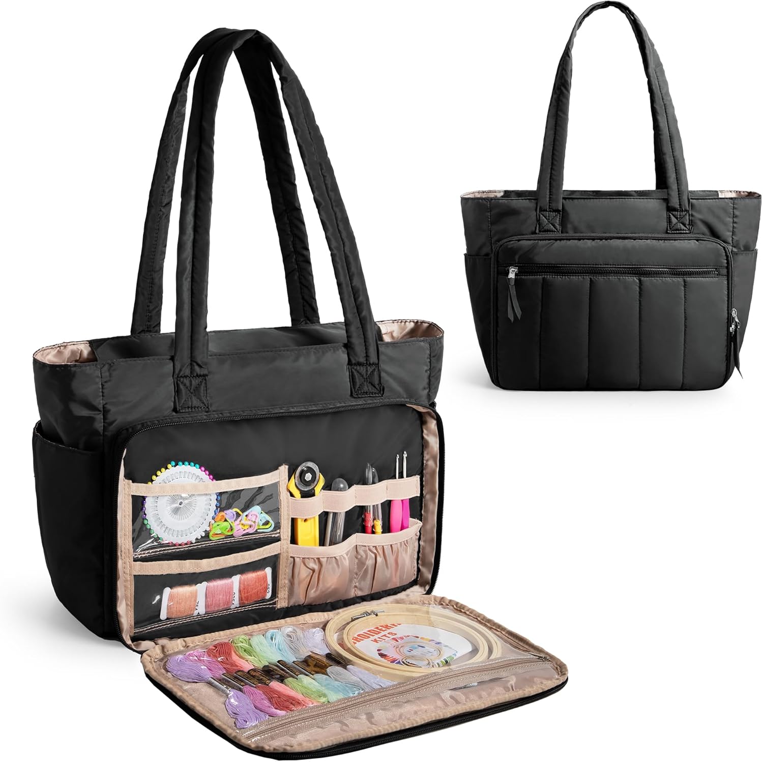 LUXJA Lightweight Puffy Embroidery Bag with Multiple Pockets, Large Soft Quilted Embroidery Storage Organizer for Cross Stitch Kits, Black