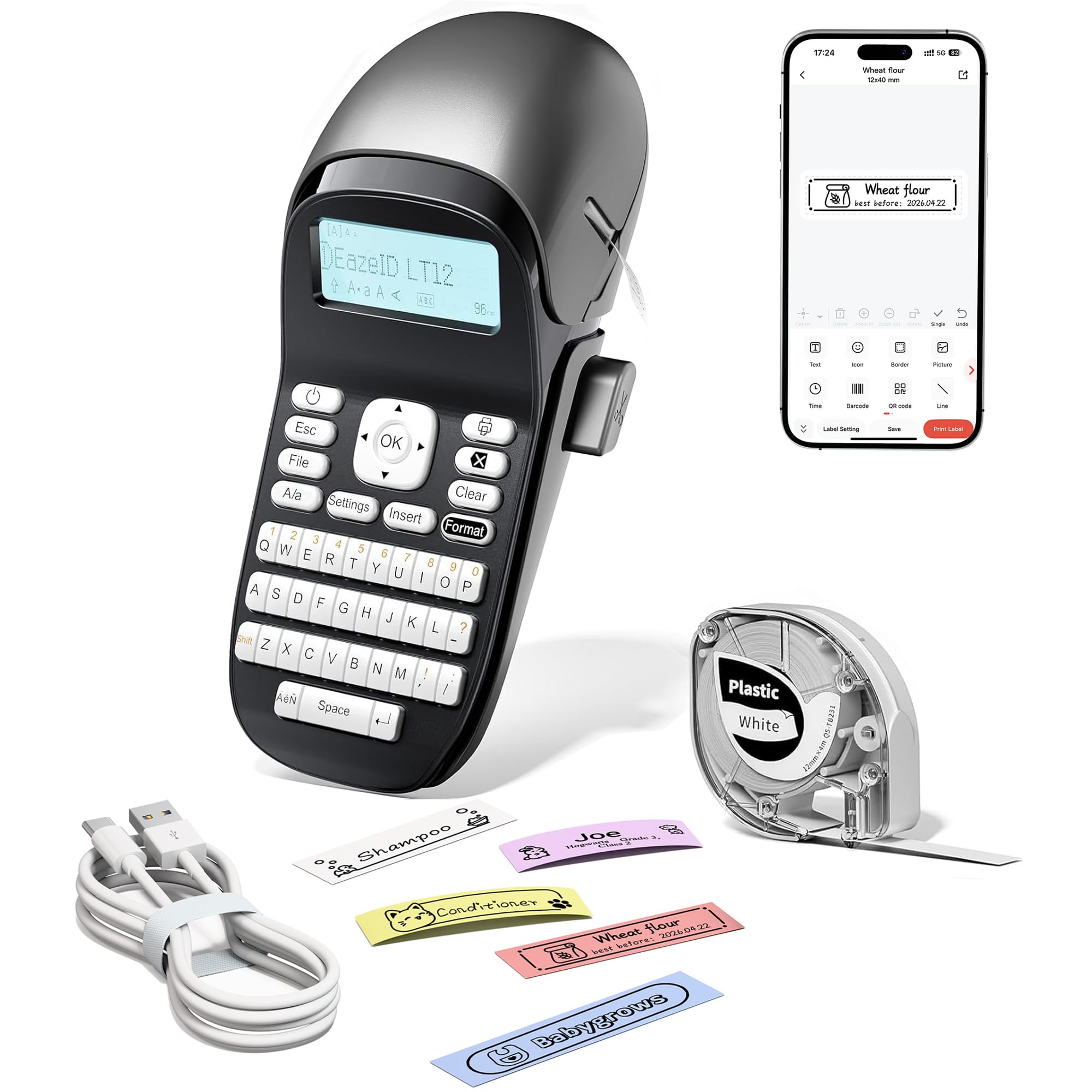 EazeID Rechargeable Label Maker with Keyboard, Handheld Label Maker Machine with-Tape Waterproof, Portable Labeler Machine, Backlit Screen, Built-in Memory for Home Office Kid Teacher Gifts LT12