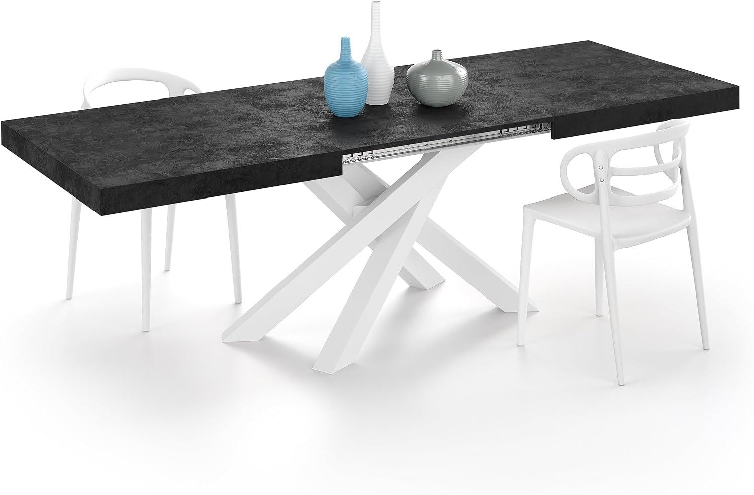 Mobili Fiver, Emma 63(94.5) x35.4 in, Extendable Dining Table, Concrete Effect, Black with White Crossed Legs, for 6-10 People, Expandable Dining Table for Kitchen, Living Room, Italian Furniture
