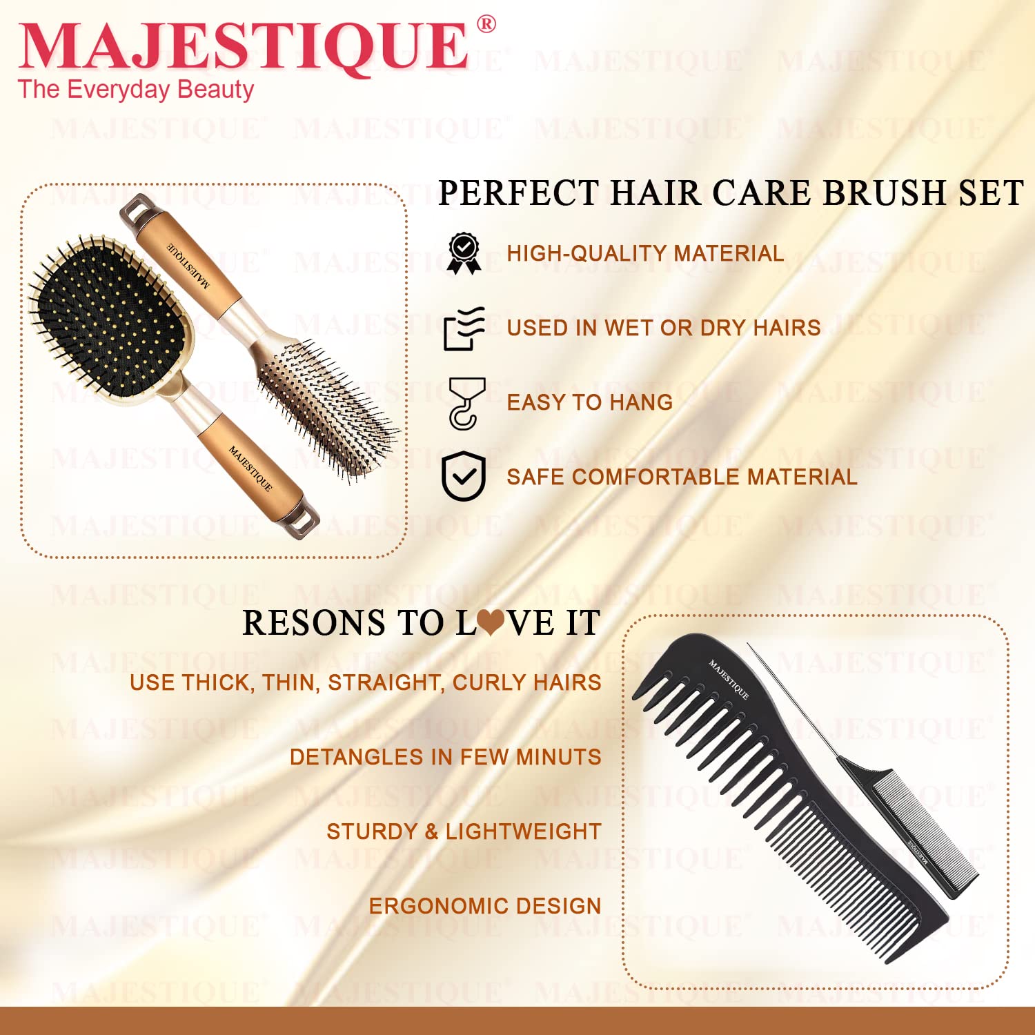 Majestique Hair Brush & Comb Set 4 – Paddle Detangler Brush, Wide Tooth Comb, Tail Pin Comb & Styling Brush for Wet & Dry Hair | Unisex Hair Grooming Kit for All Hair Types 4