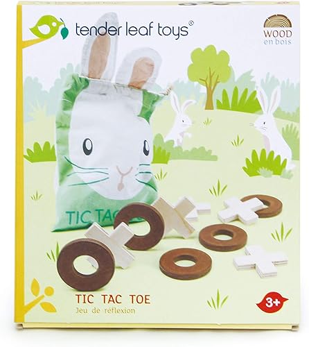 Miniatura 3 de Tender Leaf Toys - Tic Tac Toe - Juego de madera de Tic Tac Toe con bolsa de cordón de conejo - Juego de mesa de viaje para niños y adultos - A