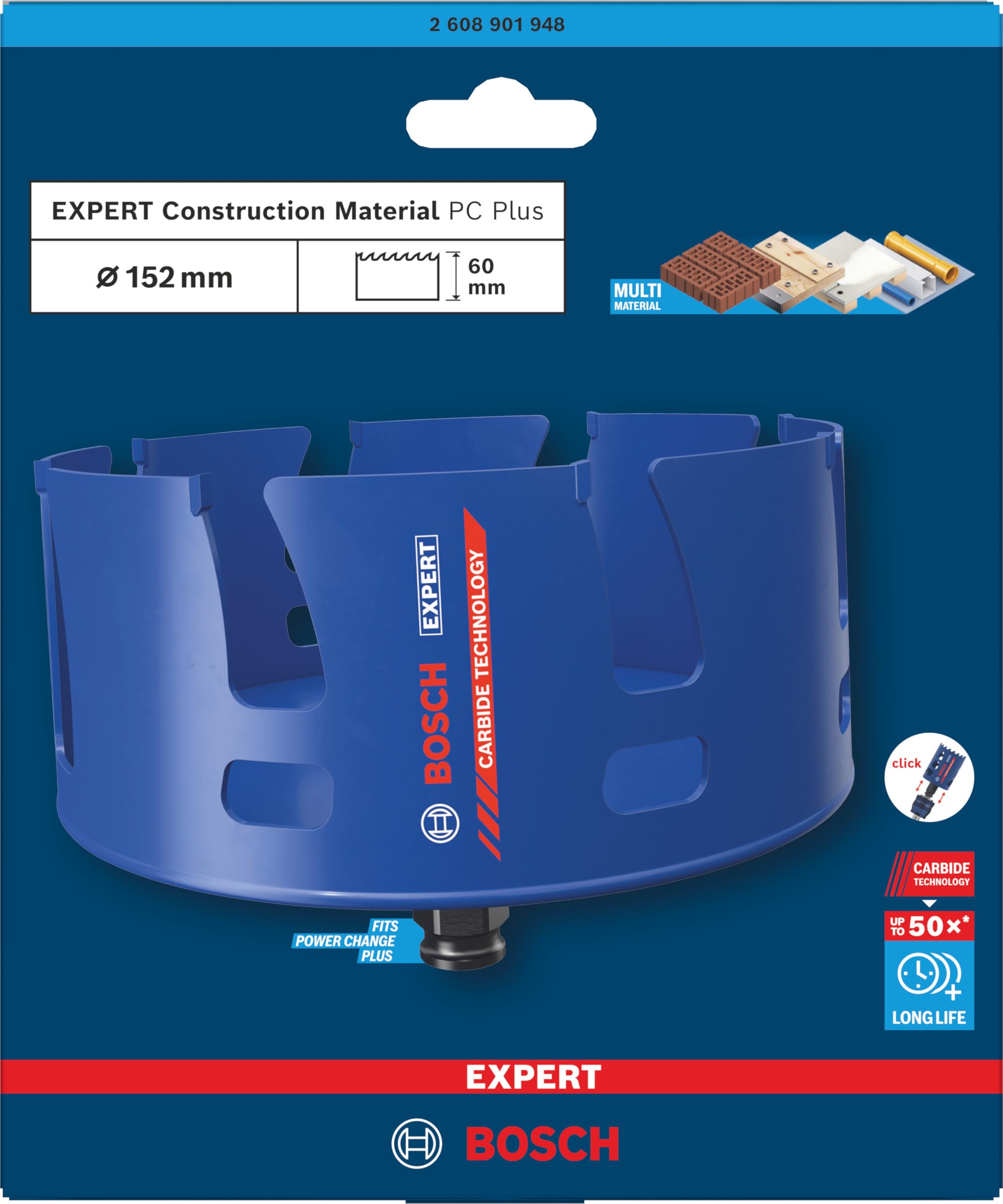 Bosch 1x Otwornica EXPERT Construction Material PC Plus (do Miękkie drewno, Płyta wiórowa, Ø 152 mm, Professional Akcesoria Wiertarki)