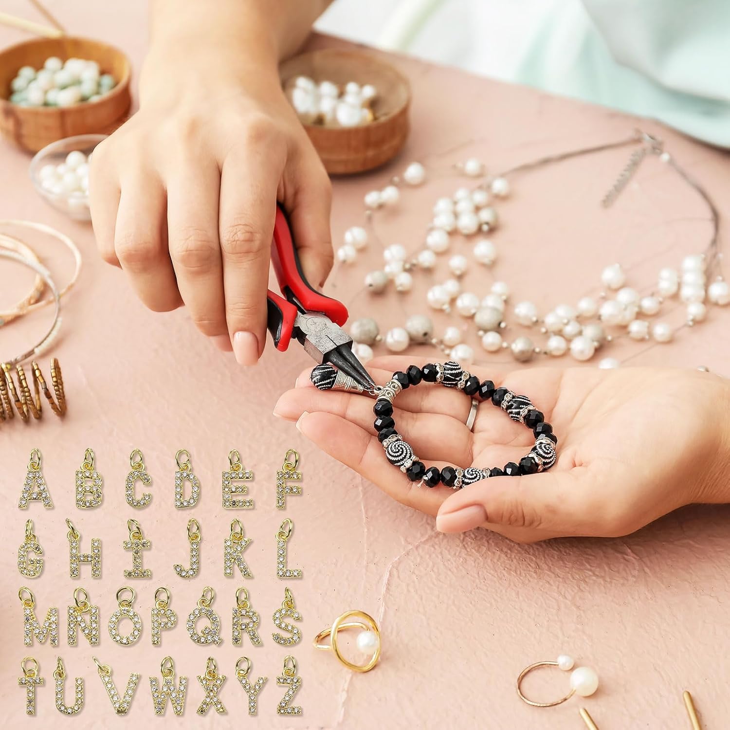 uxcell Rhinestone Letter Charm, 10pcs Crystal Zirconia Copper Alphabet l Pendants Slider Letter Charm for Wristbands Bracelets Necklace Jewelry Earring DIY Craft, Gold - Image 6