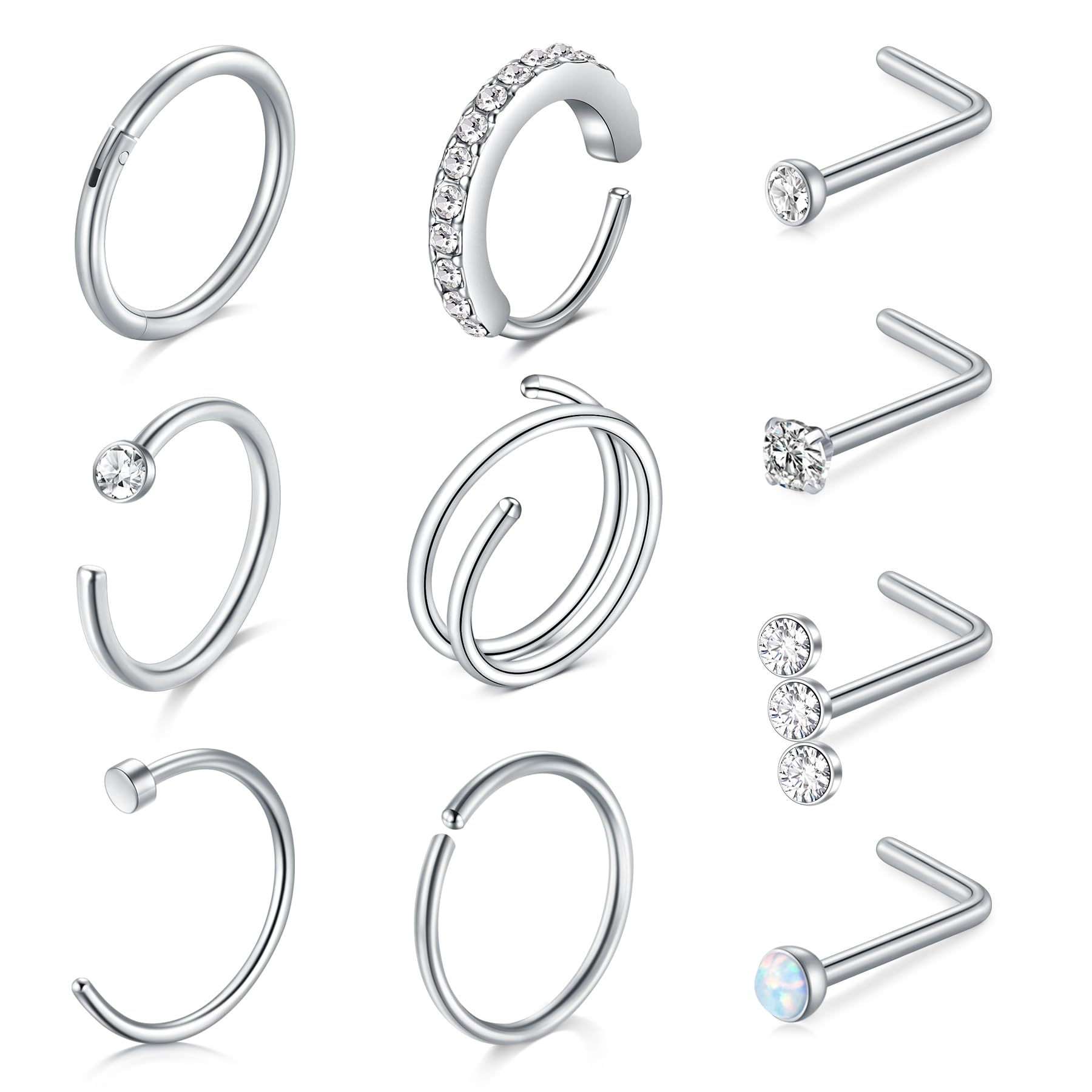LAURITAMI Pendientes Piercing Nariz de Acero Quirúrgico Perno Curvos 20G 7 mm Tornillo Espiral L Forma Opal CZ Estilos Joyas — view 7