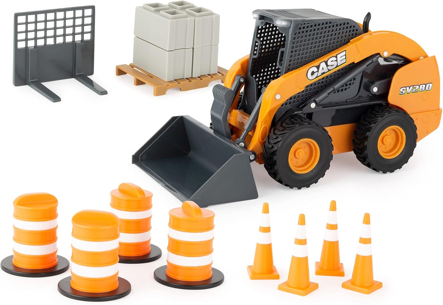 ERTL Case IH SV280 Skid Steer Toy Set - 1:16 Scale - Includes Barrels and Cones - Kids Construction Toys with Free Rolling Wheels - Ages 3 Years and Up