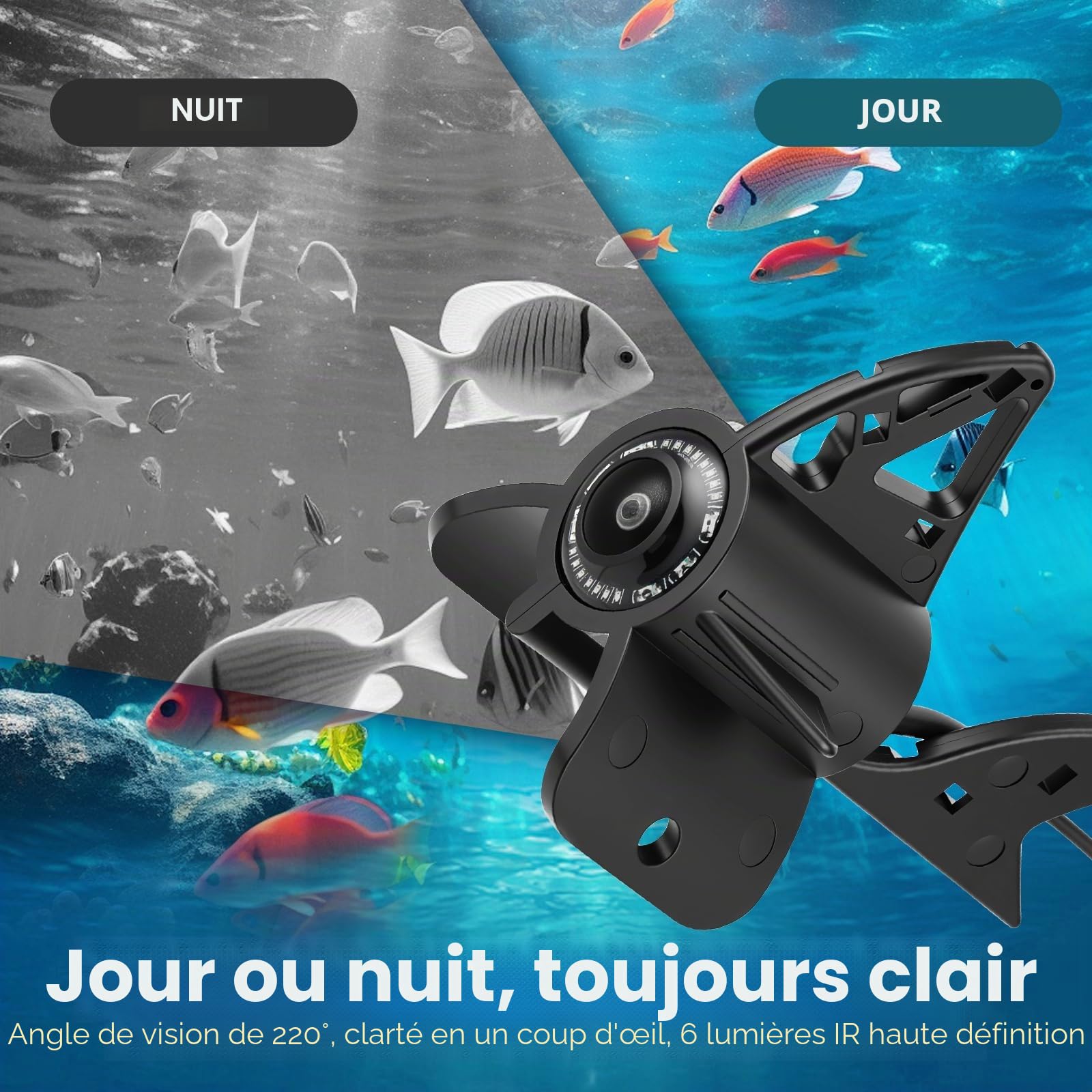 Sonar bathymètre, Fishfinder 4,3 pouces HD caméra sous-marine de pêche avec câble de 30 m, étanche IP65, batterie 5000 mAh, caméra sous-marine de pêche de nuit pour la pêche en mer, la pêche en