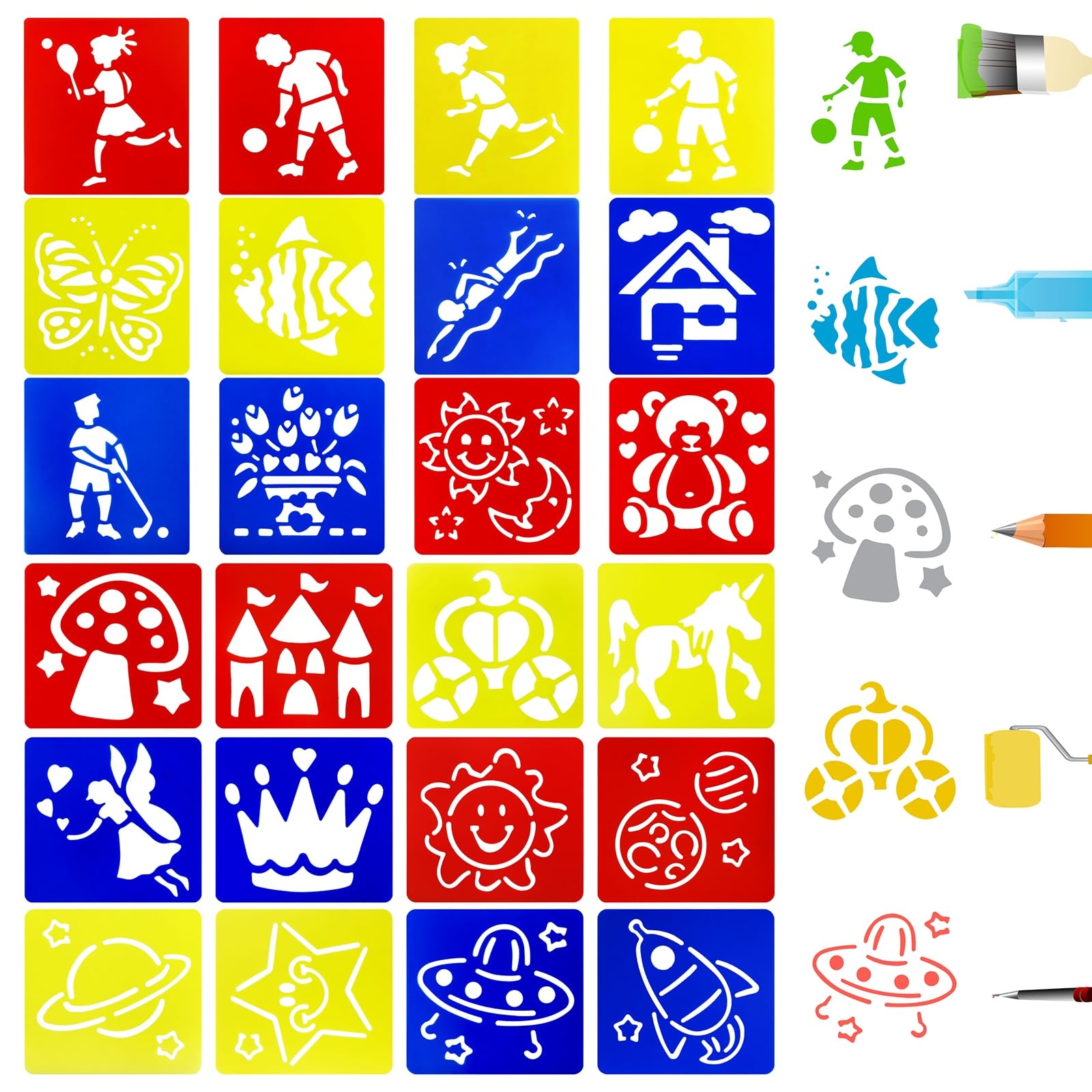 24-Piece Kids Drawing Stencils - Large Washable Sports, Planet, Fairy Tale & Cartoon Themed Primary Shape Templates (5.9 x 5.5 in)