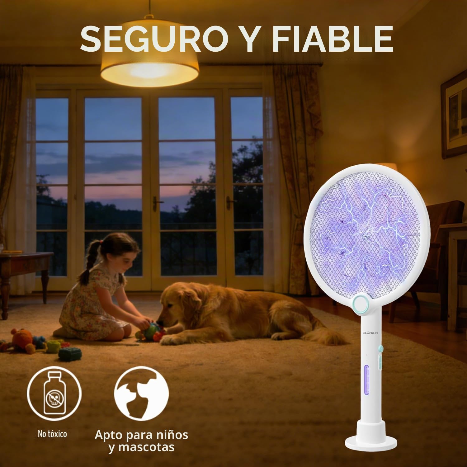 Gluckluz Raqueta Mosquitos Eléctrica, Matamoscas Electrico Recargable con USB Base, Antimosquitos Eléctrica con Luz Ultravioleta para Matar Mosquitos, Batería de 1800mAh (1, Blanco)