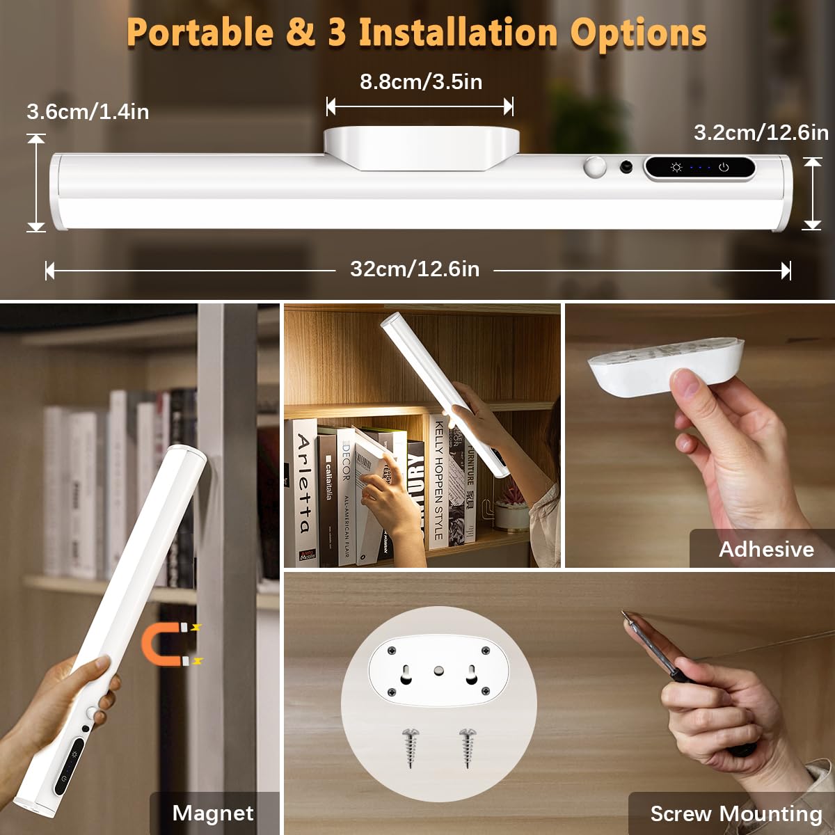 Lumiere Detecteur de Mouvement Interieur, 4000mAh Lampe Murale Sans Fil Rechargeable USB, Reglette LED Cuisine Aimantée, Barre Lumière a Pile pour Placard, Tableau, Armoire, Salle de Bain