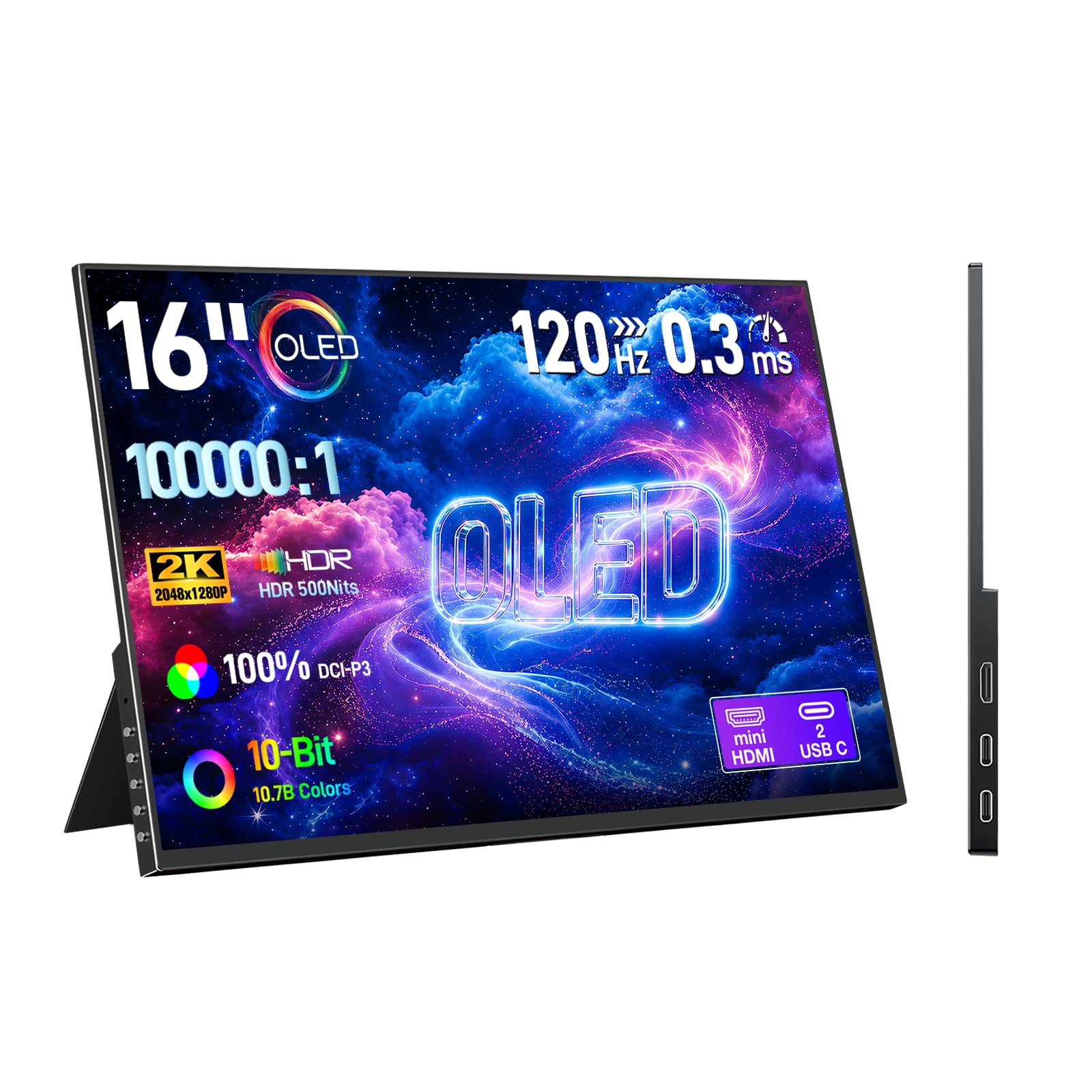 Écran Portable Gaming Moniteur 16 Pouces 120 Hz OLED 0,3 ms, Contraste 100000:1, 2048×1280, 100% DCI-P3, HDMI 2 USB-C HDR Moniteur, 500 CD/m², Compatible PC, Laptop, PS5/4, Xbox et Switch