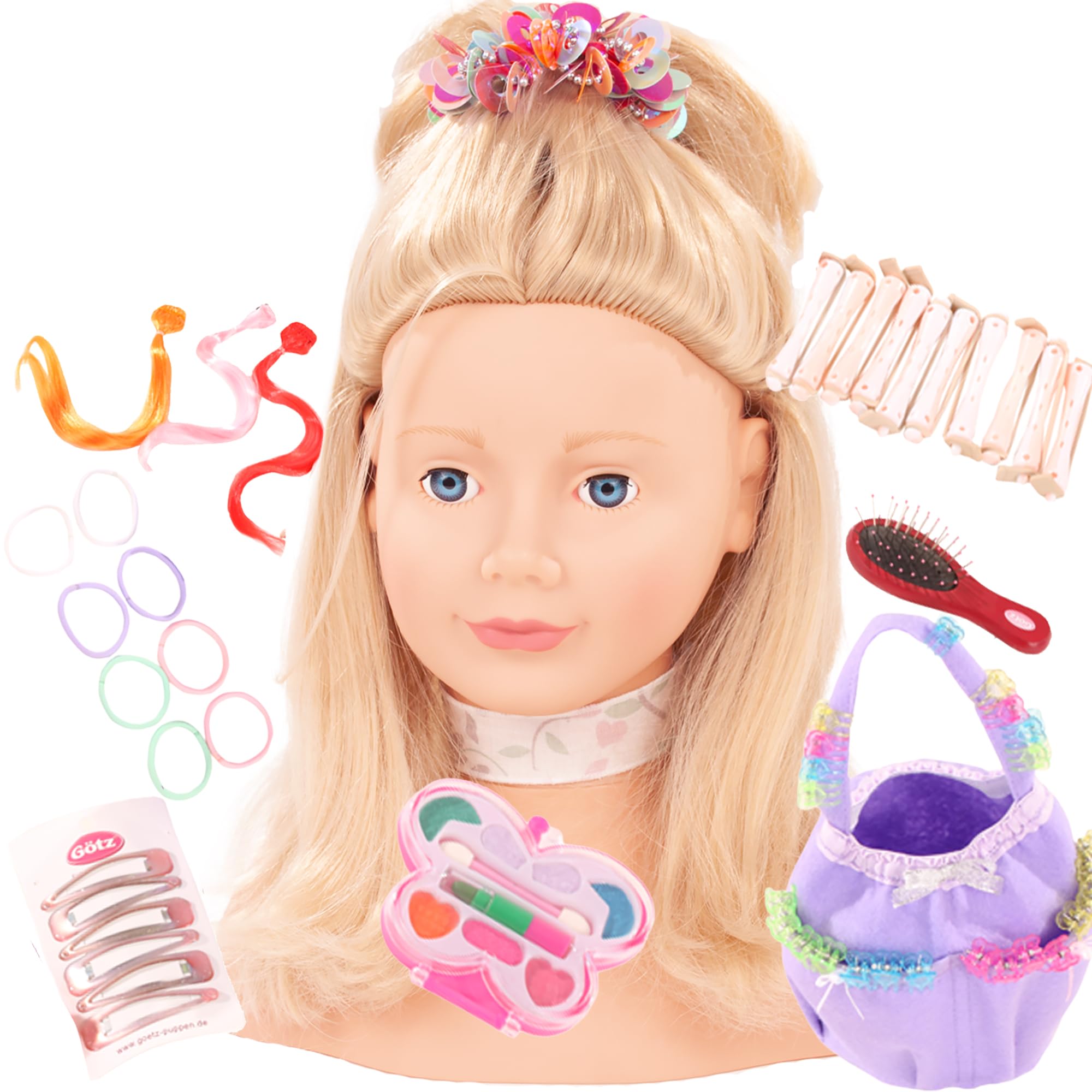 Götz 1192052 parrucchino con capelli biondi e occhi azzurri - testina per parrucchiere e trucco alta 28 cm in set da 57 pezzi - adatto per ragazze dai 3 anni in su